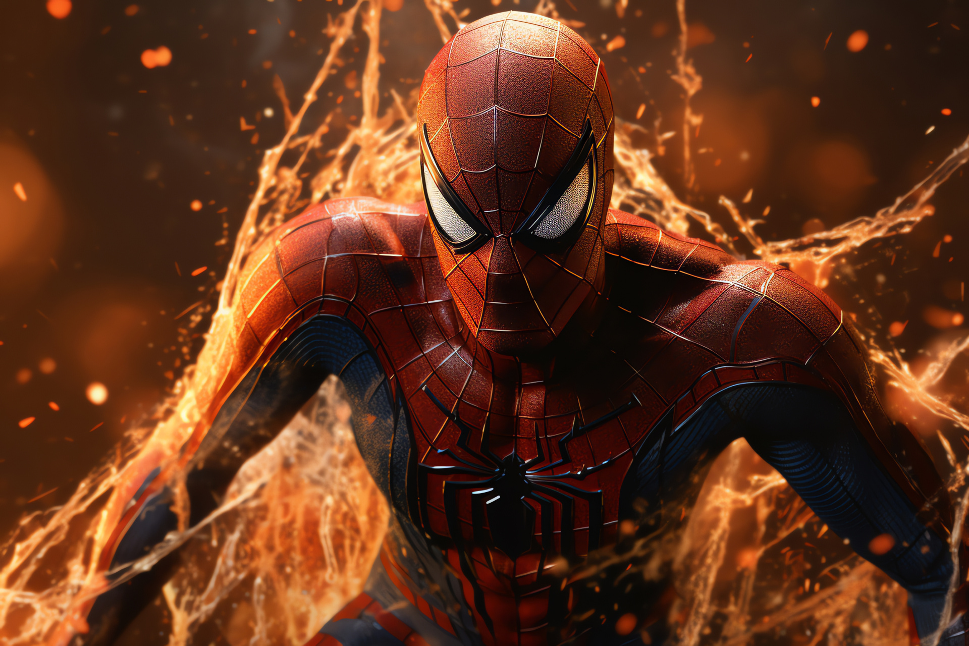 Spiderman heroism, Peter Parker masked, Superpowered agility, Spider sense depiction, Dual-tone visual, HD Desktop Wallpaper
