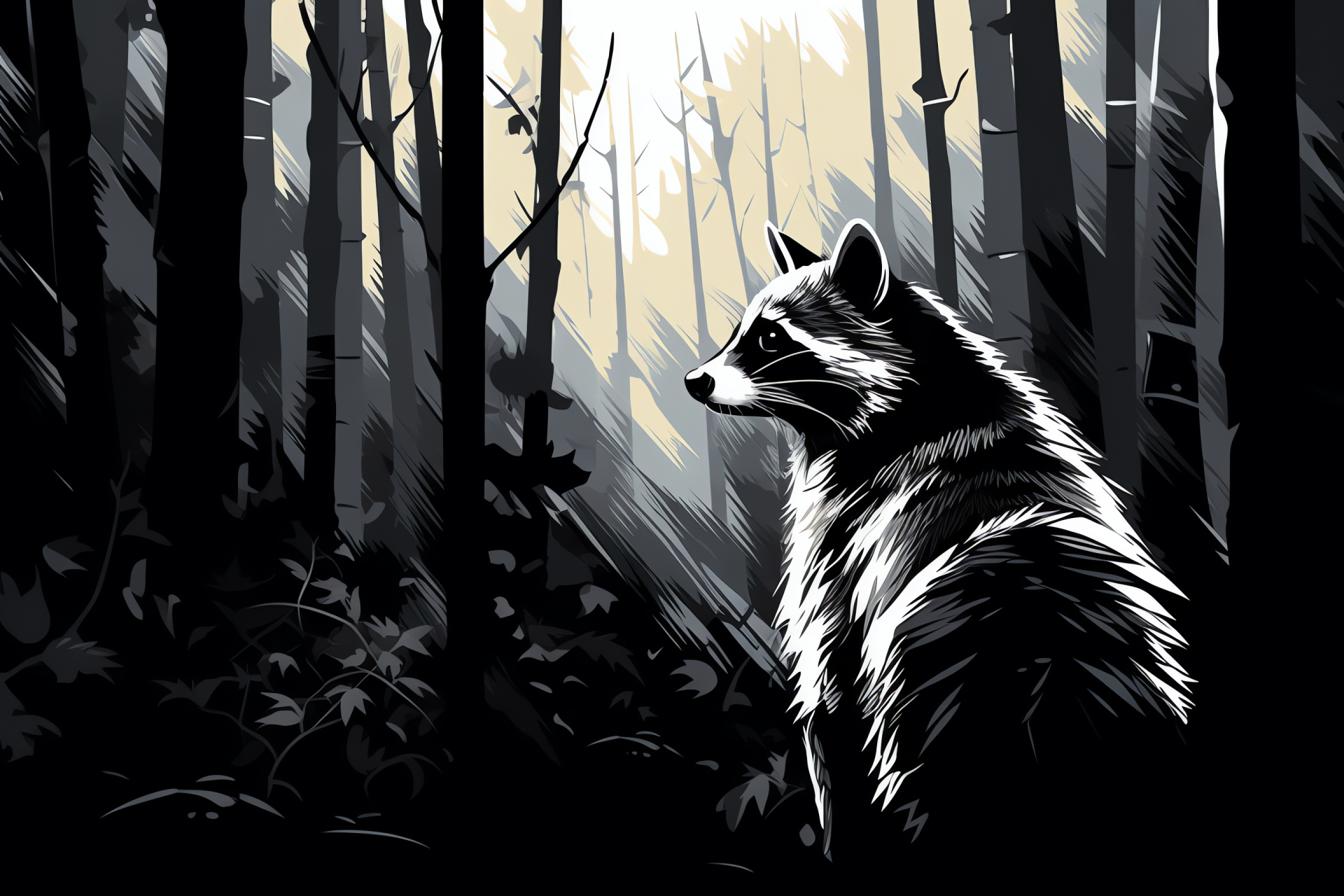 Raccoon, monochrome pelage, intense cyan irises, glade within woods, regal stance, HD Desktop Wallpaper