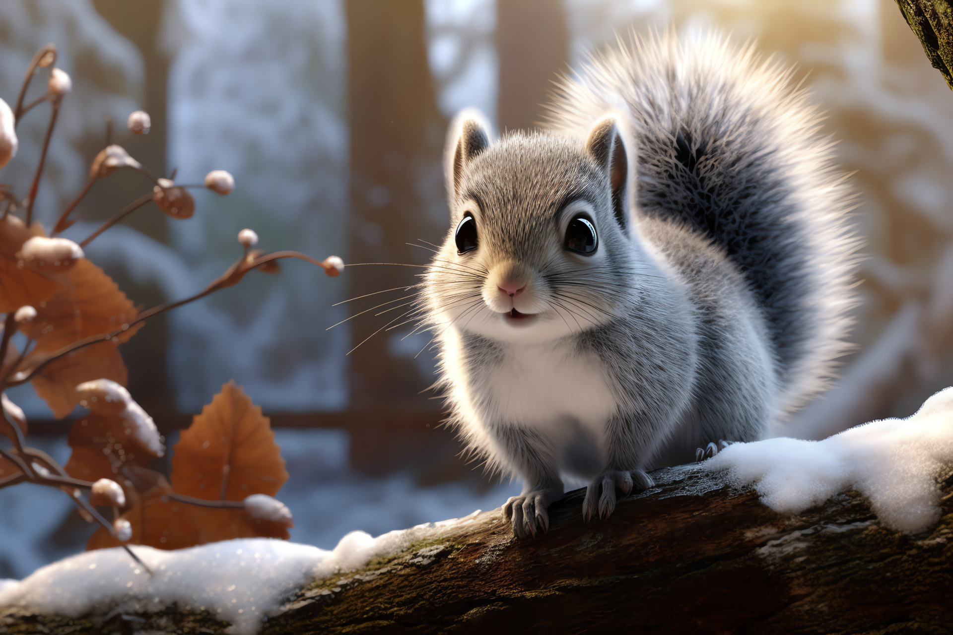 Squirrel, woodland resident, charcoal eyes, fluffy tail, wintry woods, HD Desktop Image