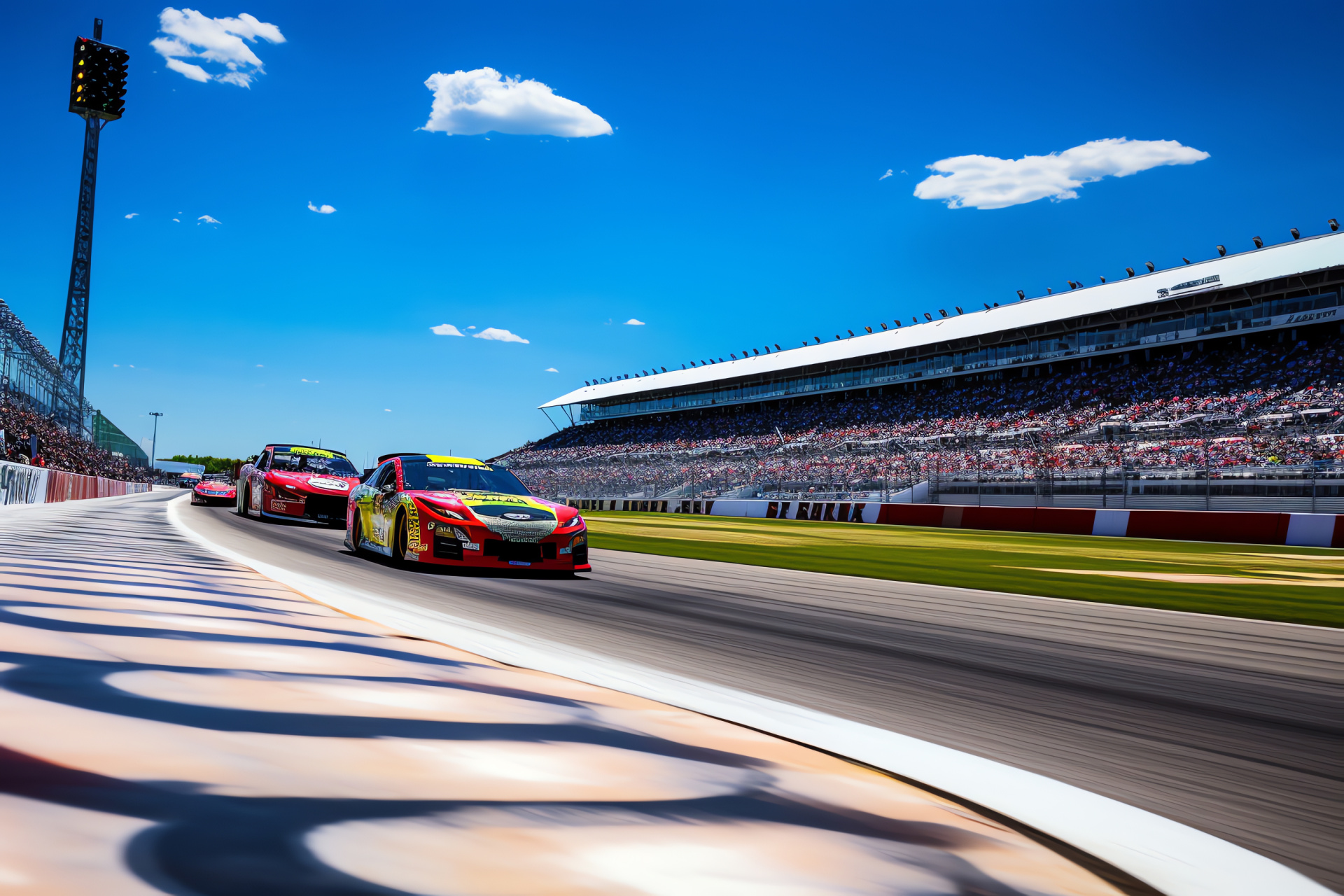 Michigan NASCAR, International Motor Speedway course, rapid racecar action, stadium ambience, verdant locale, HD Desktop Image
