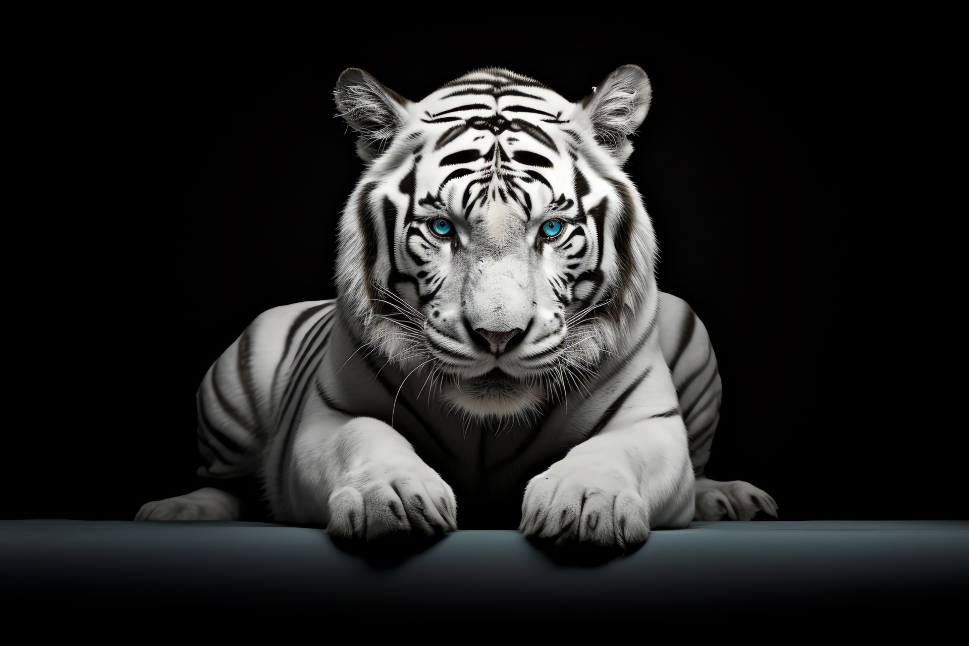 Tiger silhouette, monochrome backdrop, definitive feline shape, piercing blue gaze, HD Desktop Image