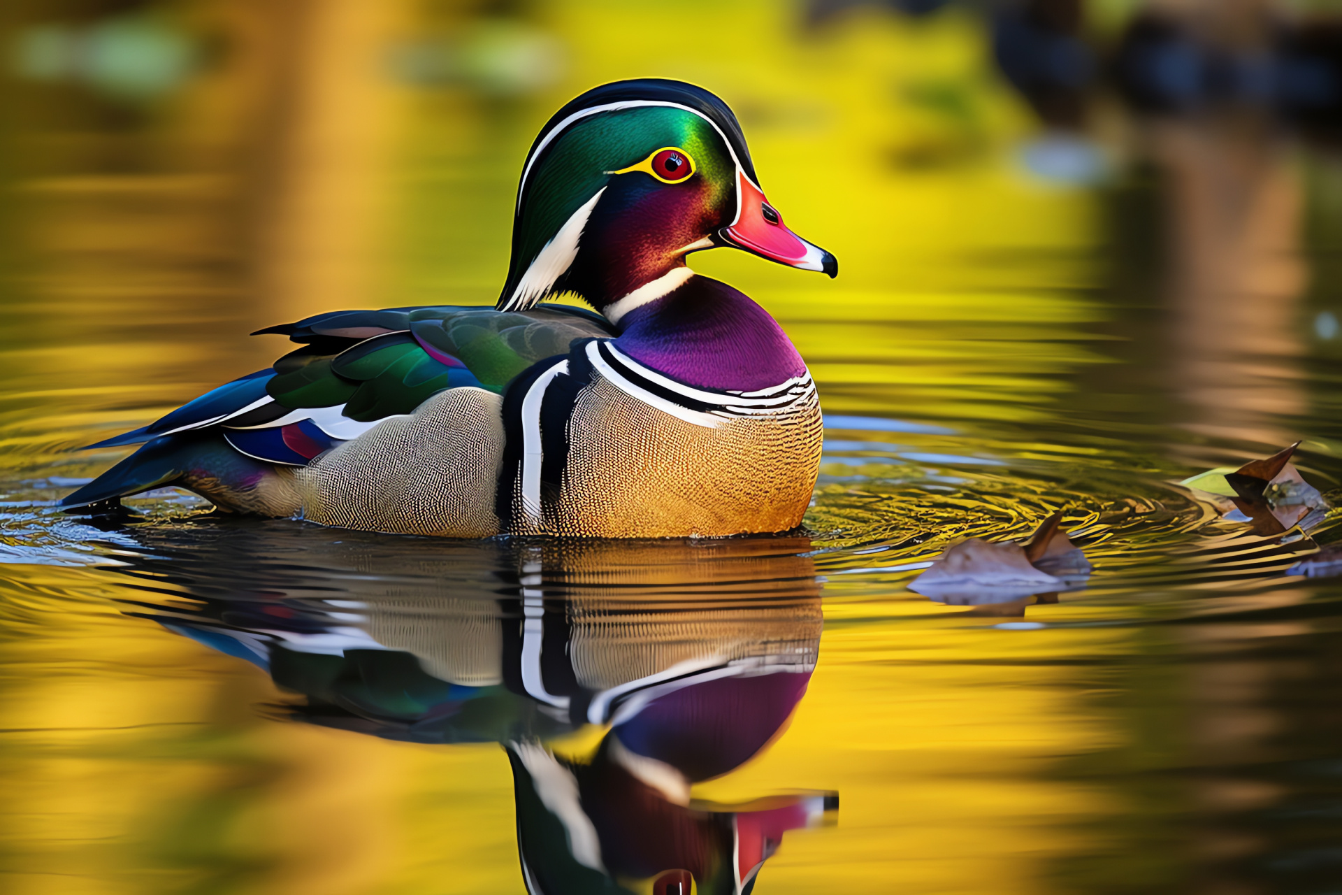 Wood Duck, diverse feather hues, purple sheen, green iridescence, yellow accents, HD Desktop Wallpaper