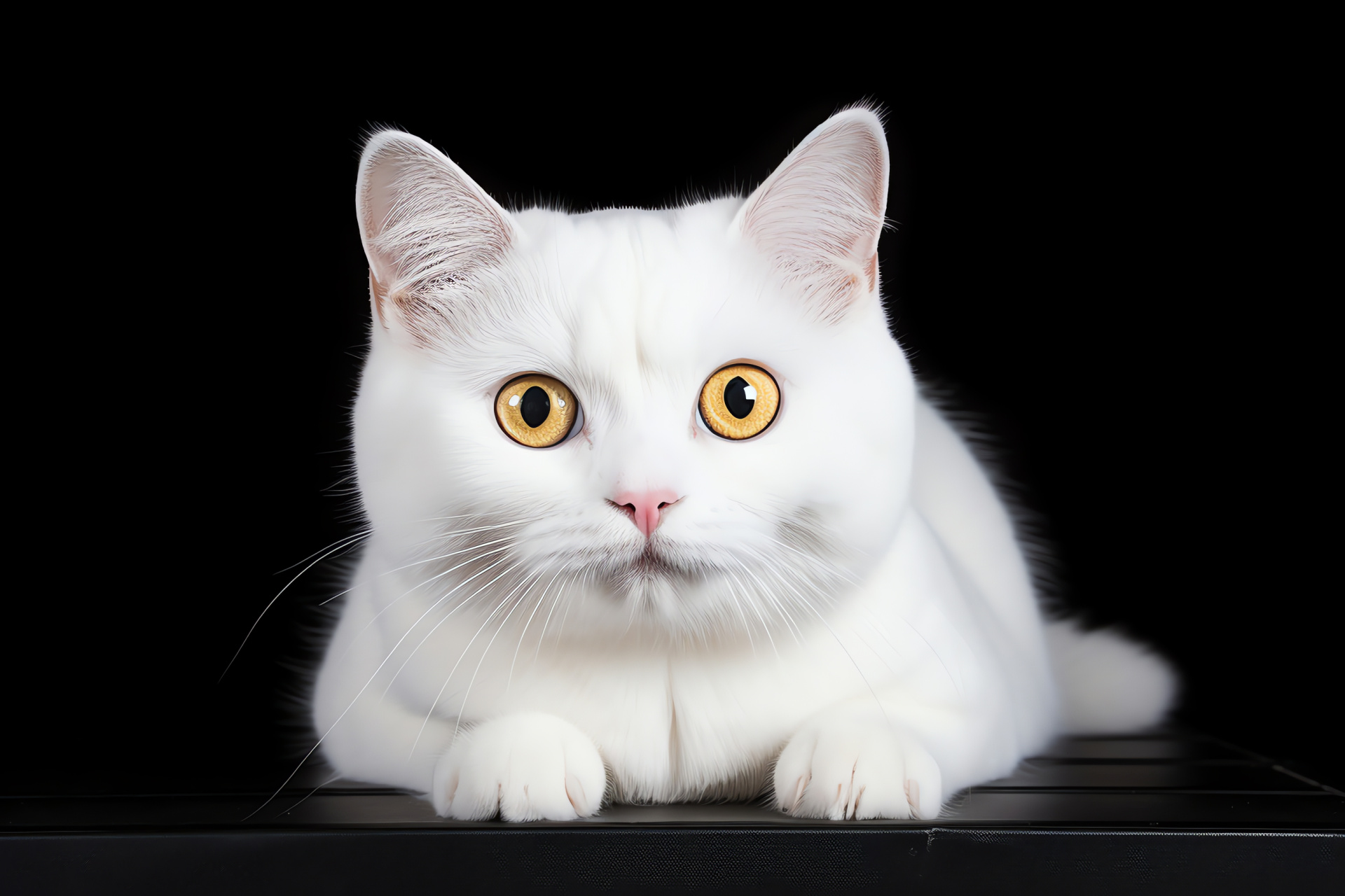 Domestic White Cat, Feline pet, Yellow iris, Dense feline coat, Contrast black setting, HD Desktop Image