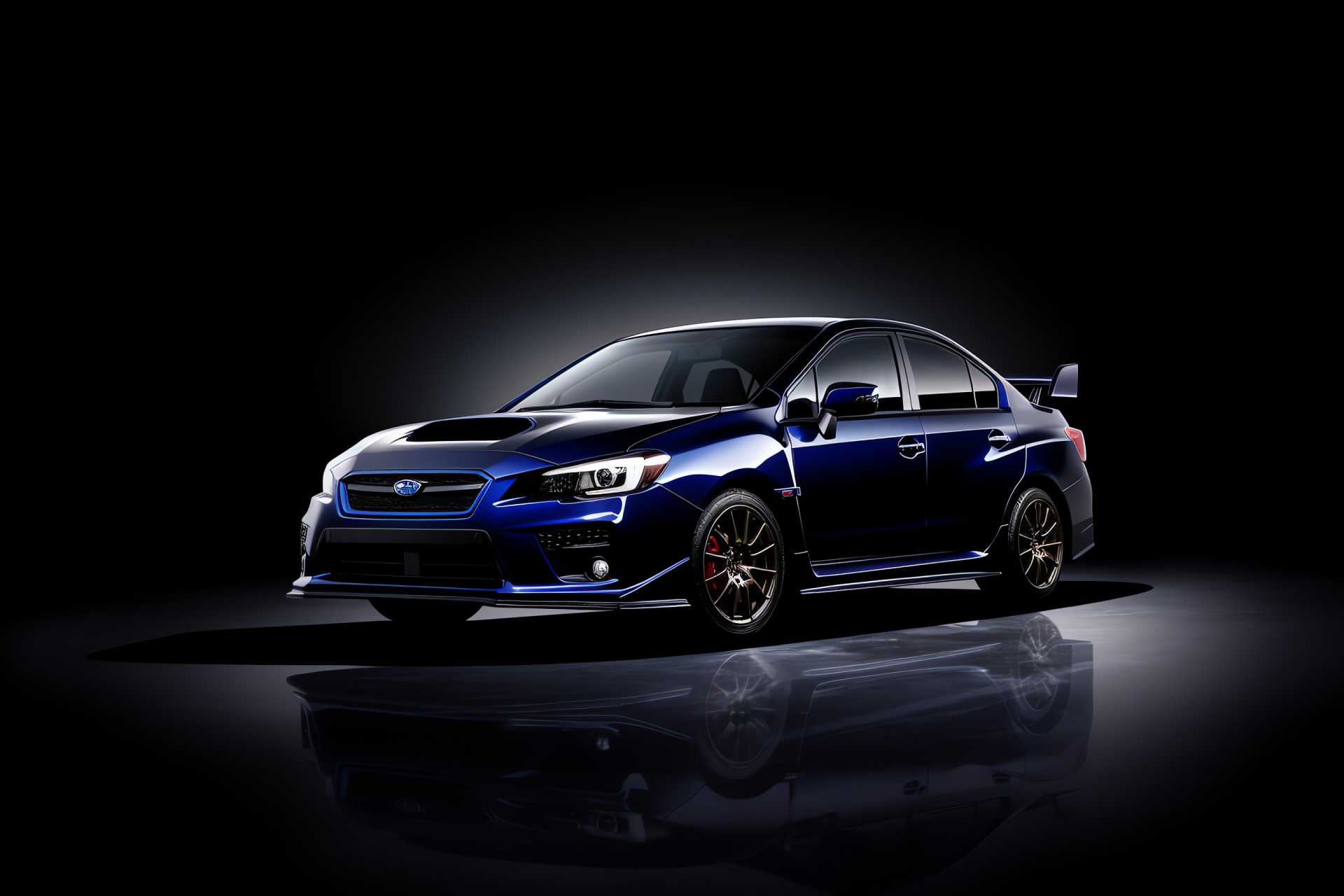 WRX STI prowess, Sports car presentation, High-angle automotive view, Midnight blue hue, Premium car photography, HD Desktop Wallpaper