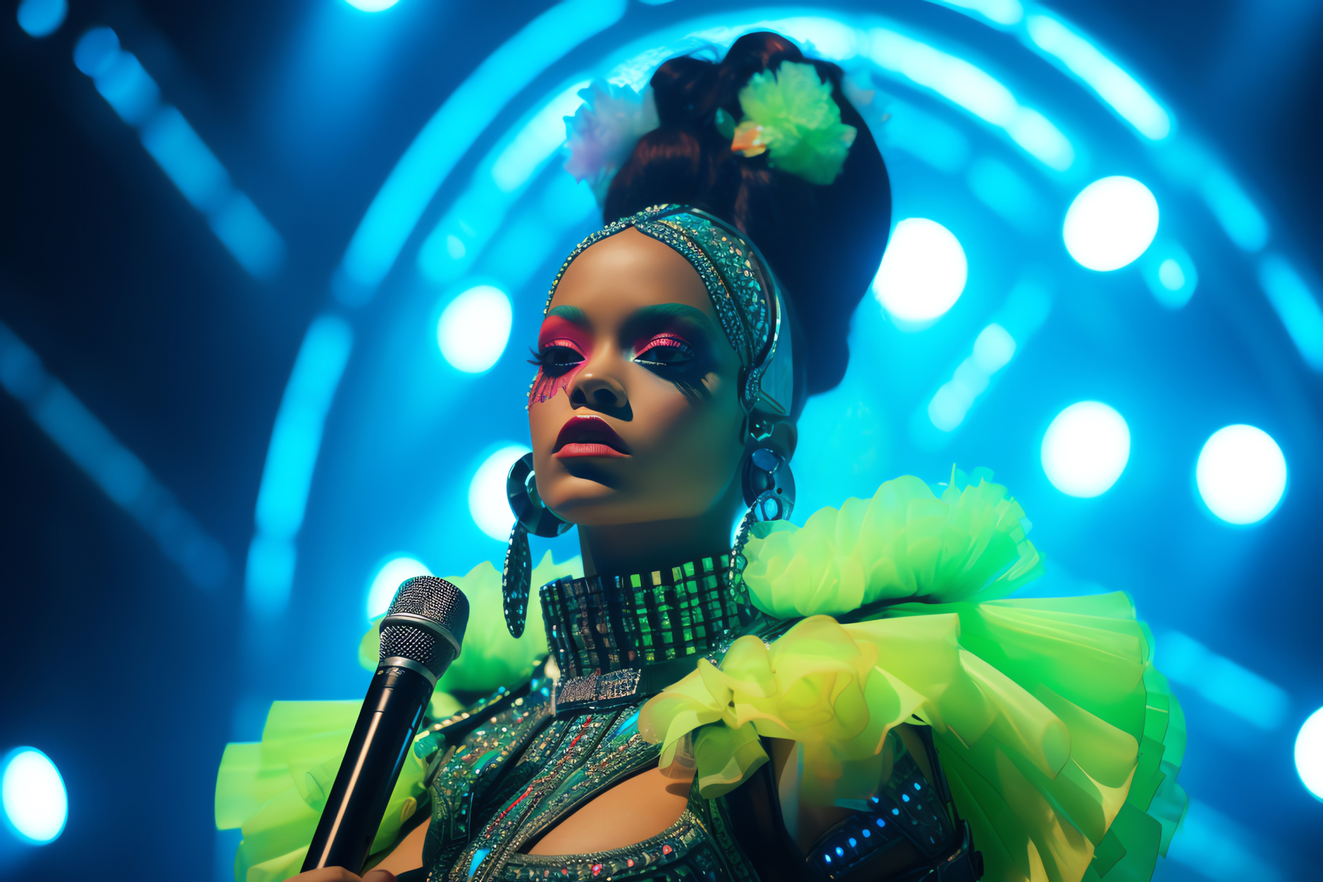 Superstar Rihanna, Costume drama, Hairstyle of the future, Eye-catching face paint, Fantasy genre, HD Desktop Wallpaper