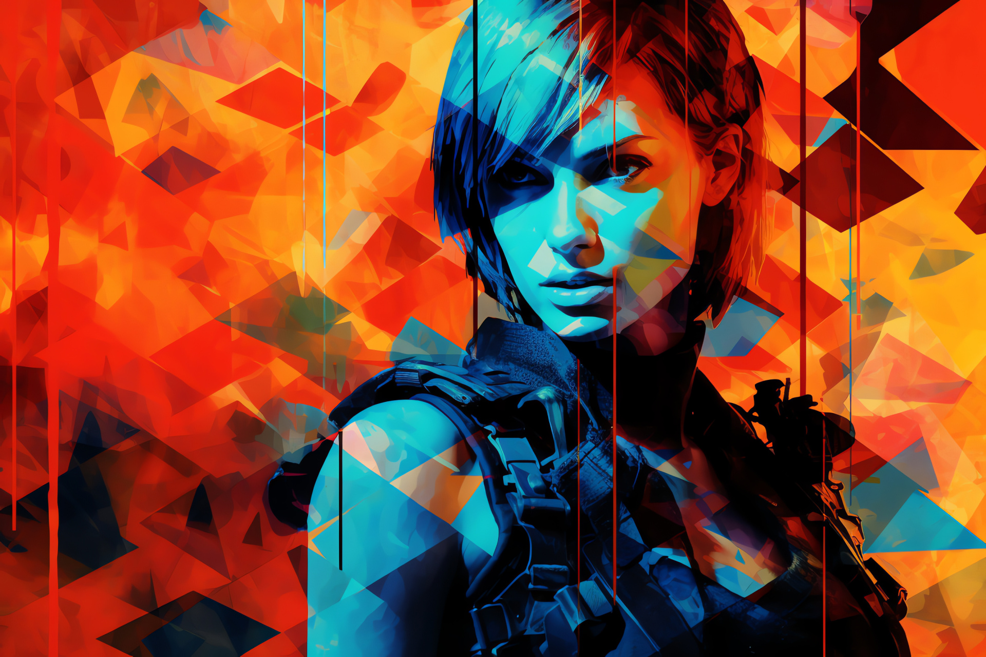 Jill Valentine, vivid blue irises, flaming auburn strands, intricate design background, combative stance, HD Desktop Image