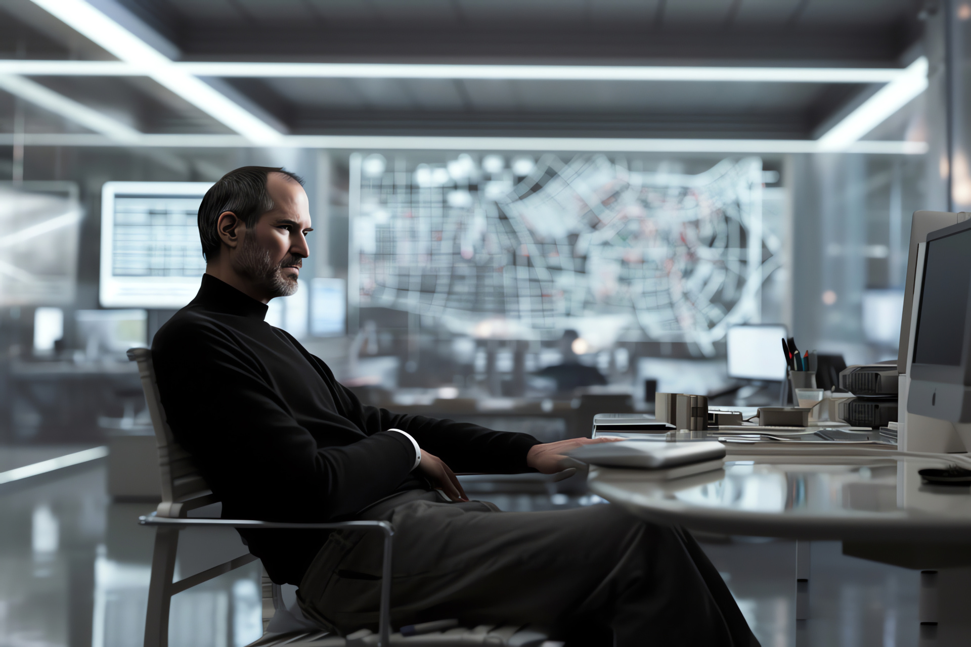 Steve Jobs at his office, Apple Macintosh, professional setting, wooden desk, pioneering technology, HD Desktop Wallpaper