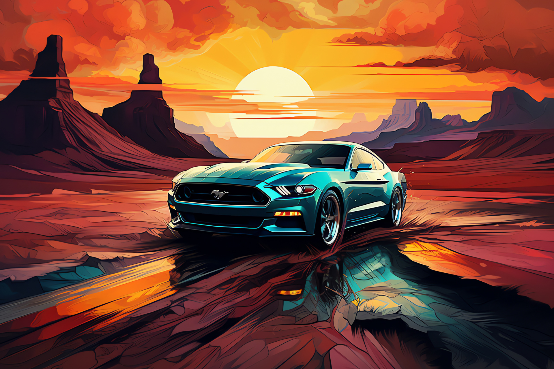 Ford Mustang domination, Landscape expanse, Aerial photography, Artistic interpretation, Automotive impact, HD Desktop Image