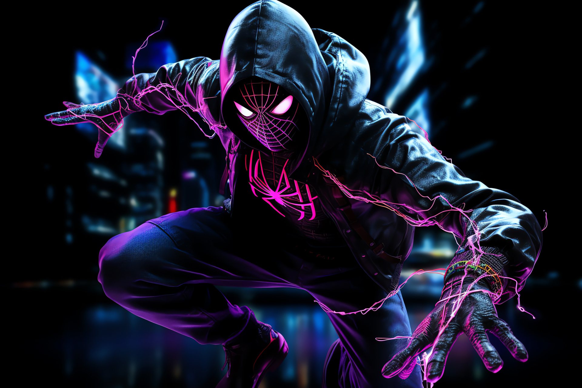 Peter Parker agility, Urban avenger, Nighttime swing, Metropolis lights, Heroic threads, HD Desktop Image