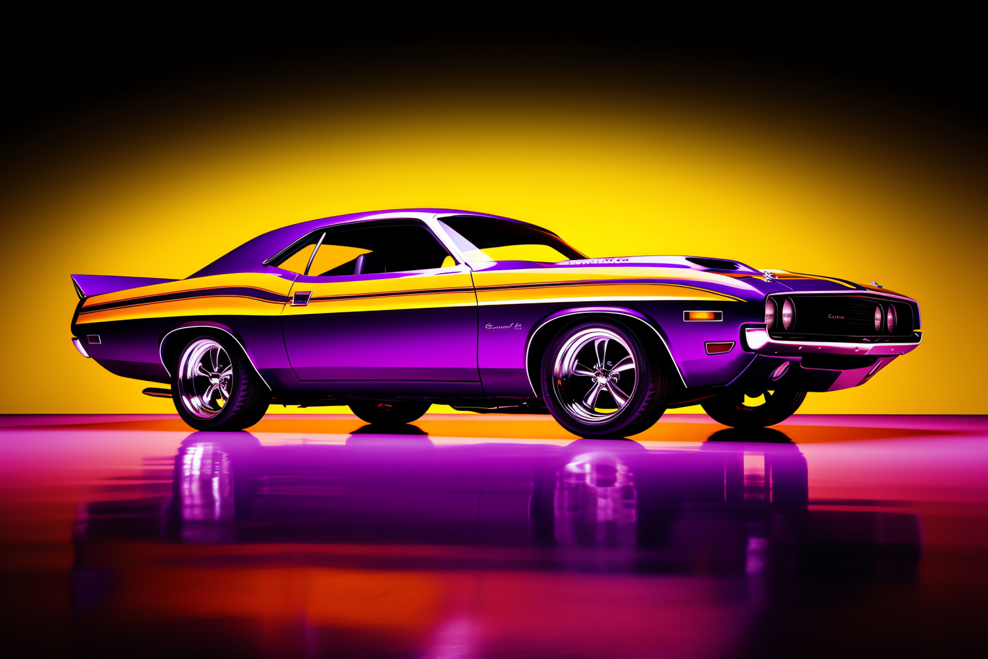 Muscle car showcase, Vivid purple hue, Strong design profile, Yellow highlight accents, Side orientation, HD Desktop Wallpaper