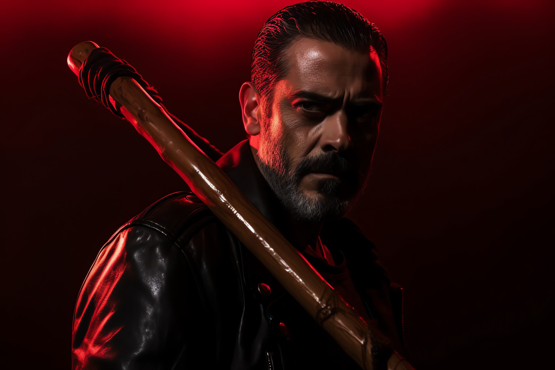 Negan by Jeffrey Dean Morgan, Villain in leather, AMC series, Post-apocalyptic drama, Menacing stance, HD Desktop Image