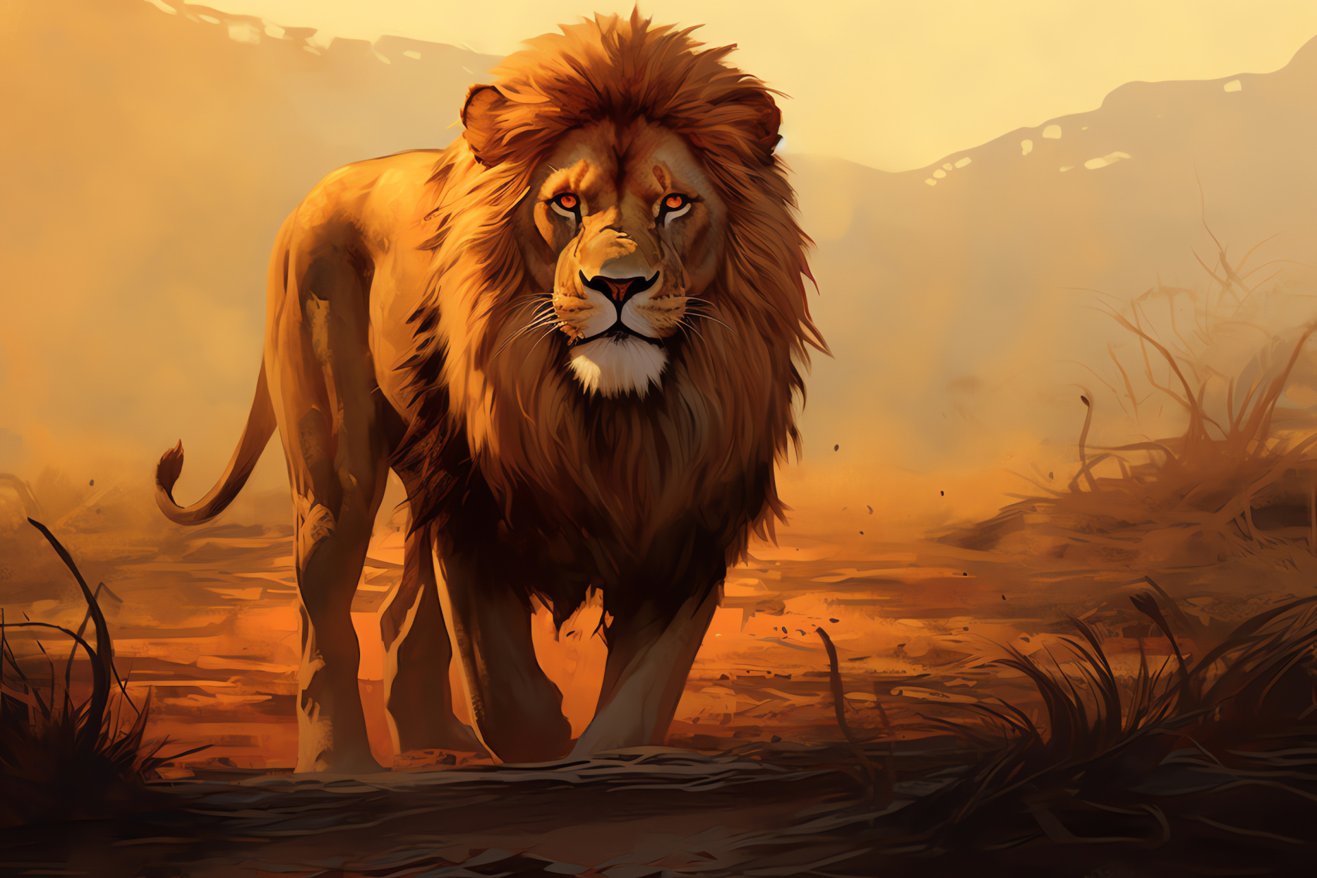 African lion in environment, large cat species, dominant predator, savannah ecosystem, wildlife scene, HD Desktop Image