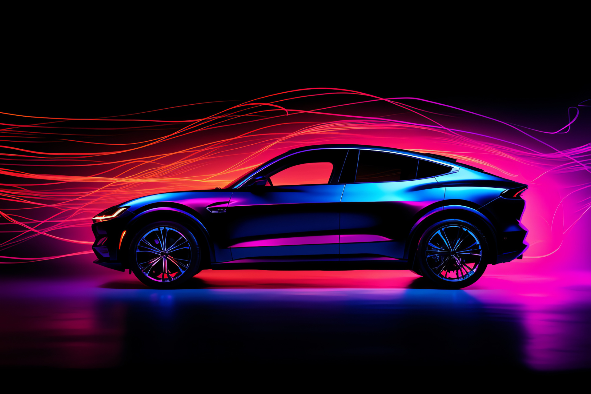 Mustang profile view, Neon backdrop illumination, Side perspective, Electric automotive performance, HD Desktop Wallpaper