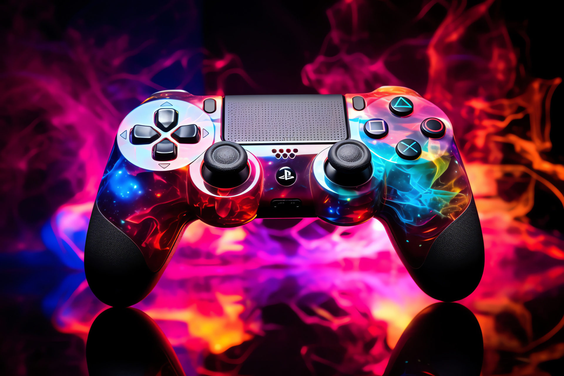 Legendary warrior controller, Playstation Kratos theme, Gaming face of determination, Colorful controller depiction, Gaming character focus, HD Desktop Wallpaper