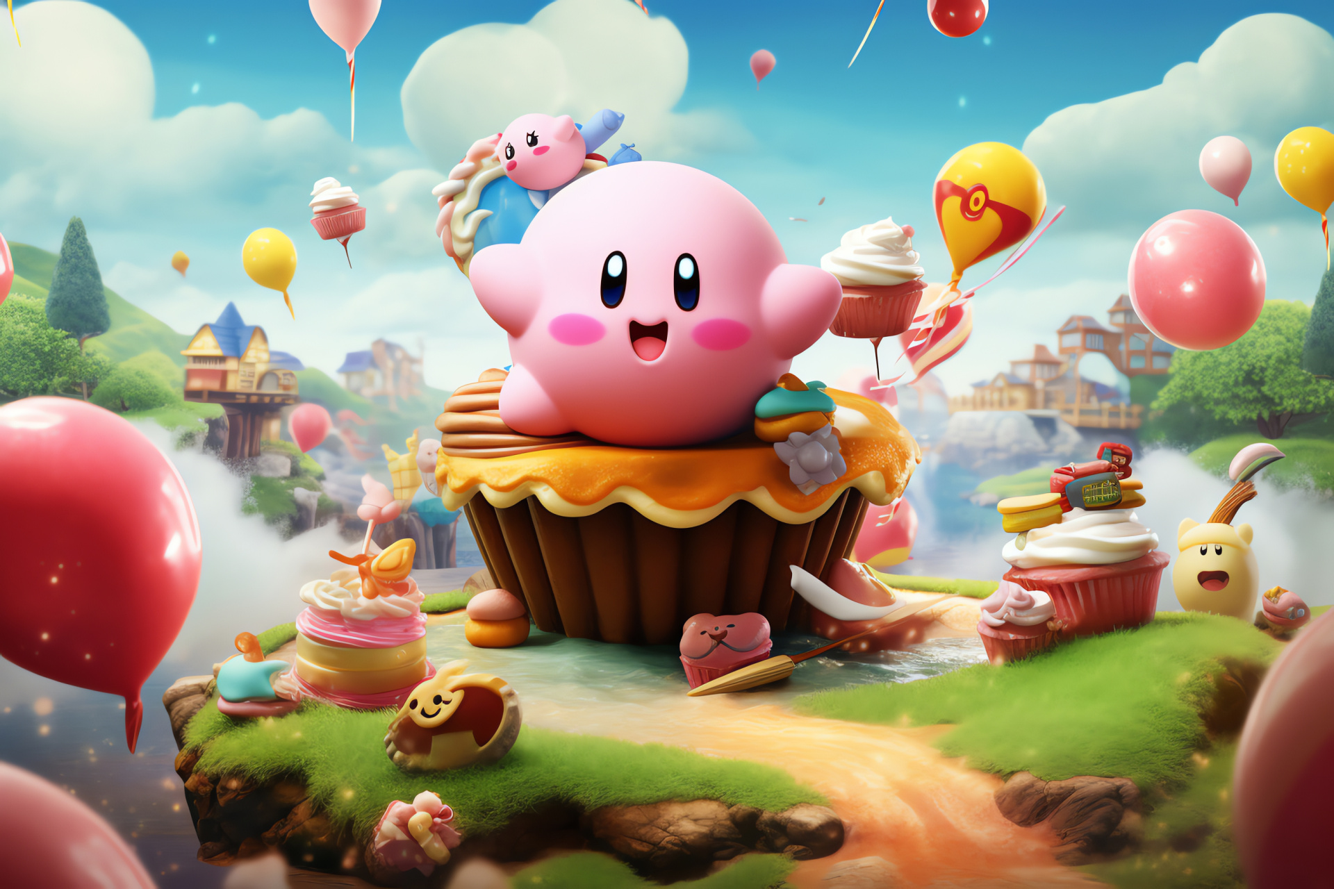 Nintendo celebration, Kirby of Dream Land, Pink puffball, Floating above joy, Whimsical character, HD Desktop Image