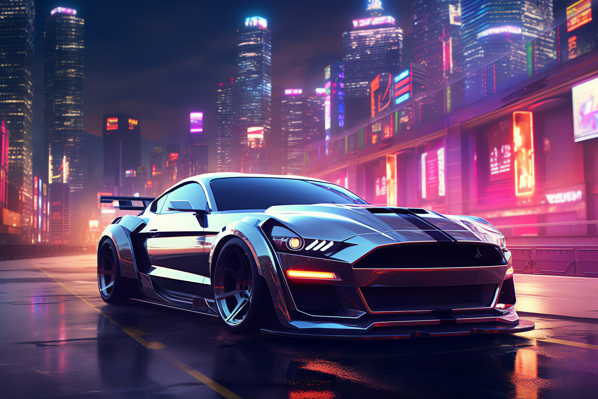 Shelby Mustang Mach 1, Metropolitan skyline, Silver muscle car, Neon-lit high-tech city, Futurism, HD Desktop Wallpaper