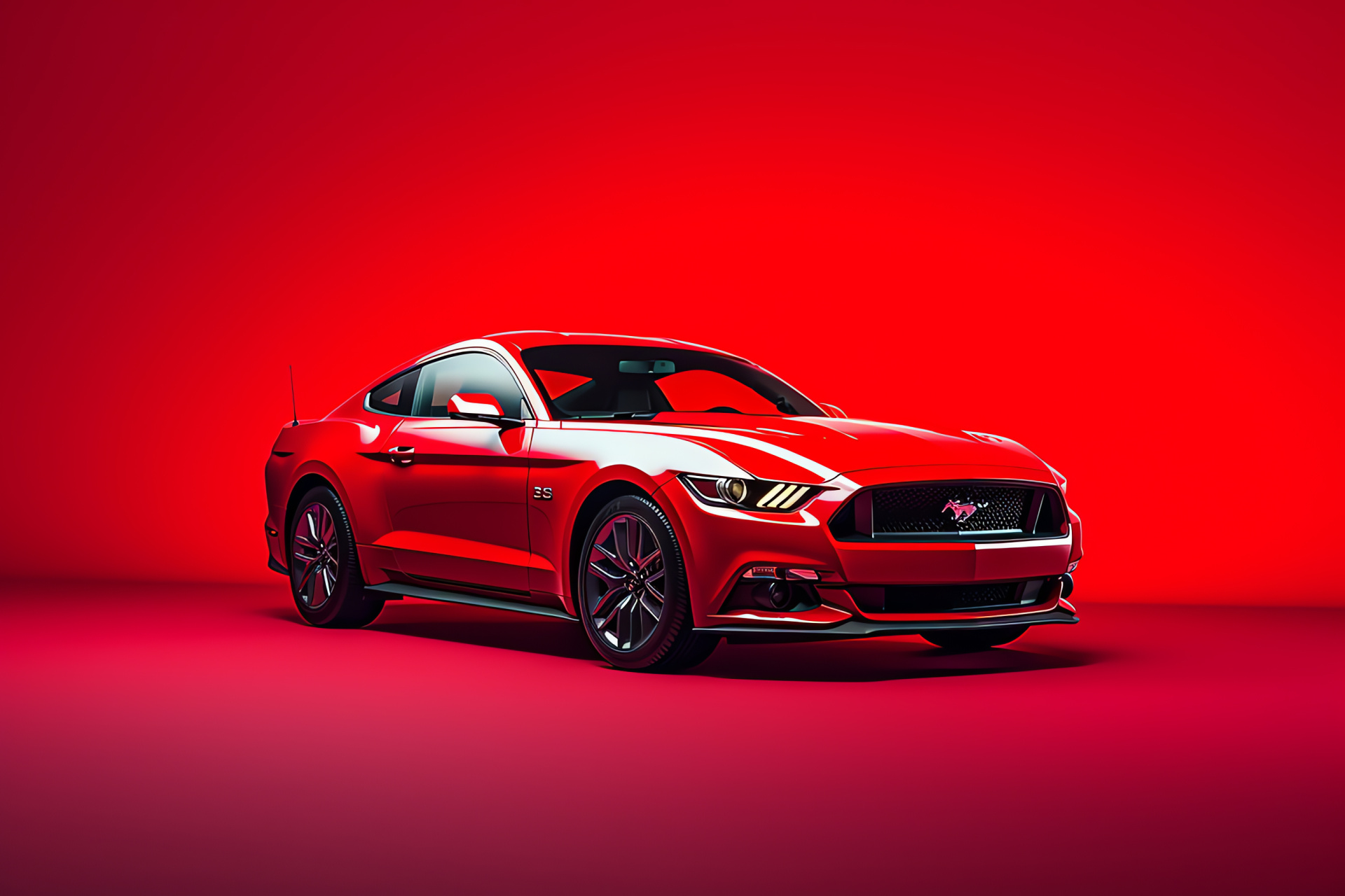 Red Mustang car, Intense scarlet base, Striking color presence, Automotive prominence, Bold sports design, HD Desktop Wallpaper