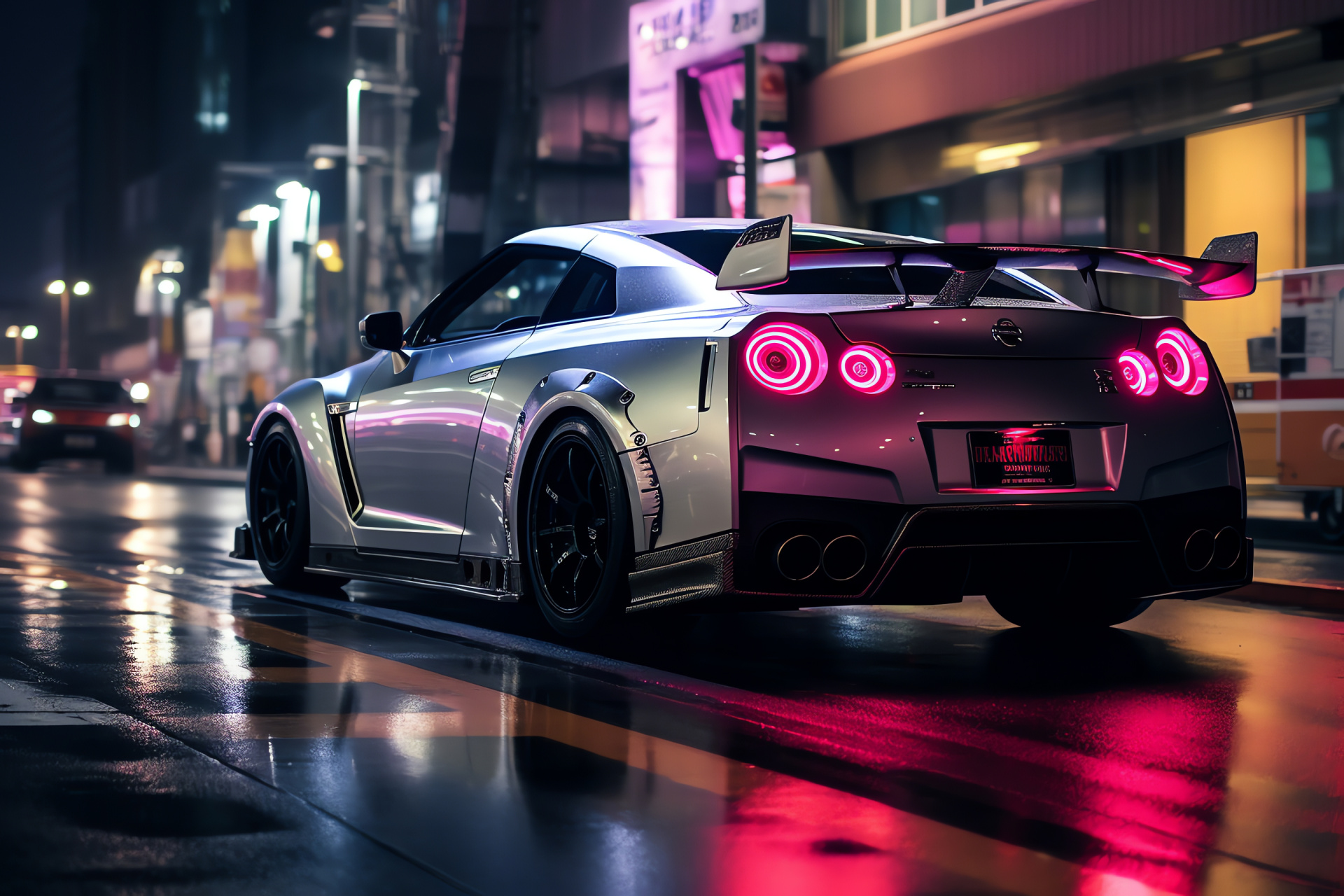 Nissan GTR R35, Tokyo streets, Track badge, metallic finish, urban landscape, HD Desktop Image