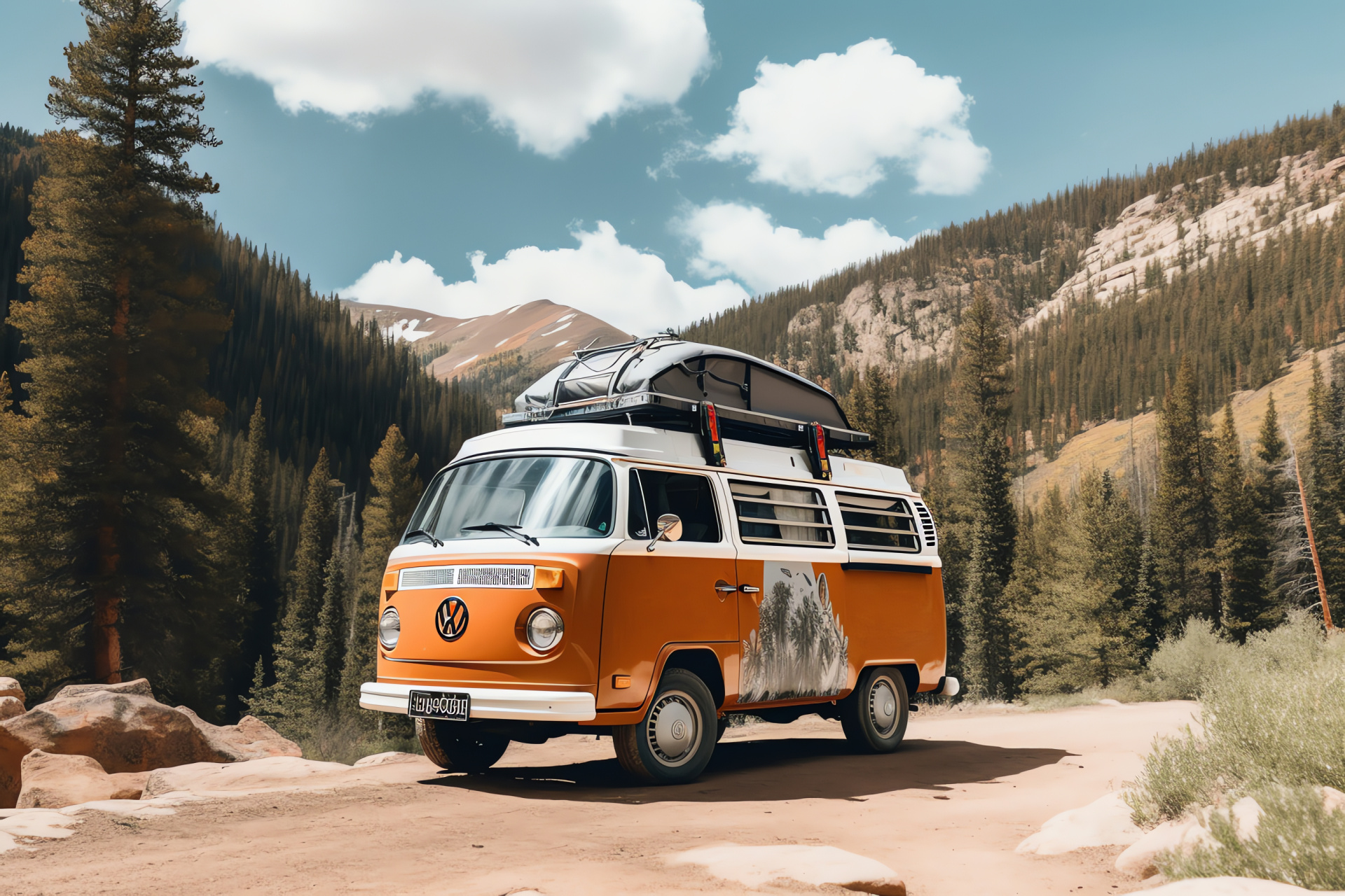 VW Bus adventure, Colorado wilderness, all-terrain capability, roof storage, alpine landscape, HD Desktop Wallpaper