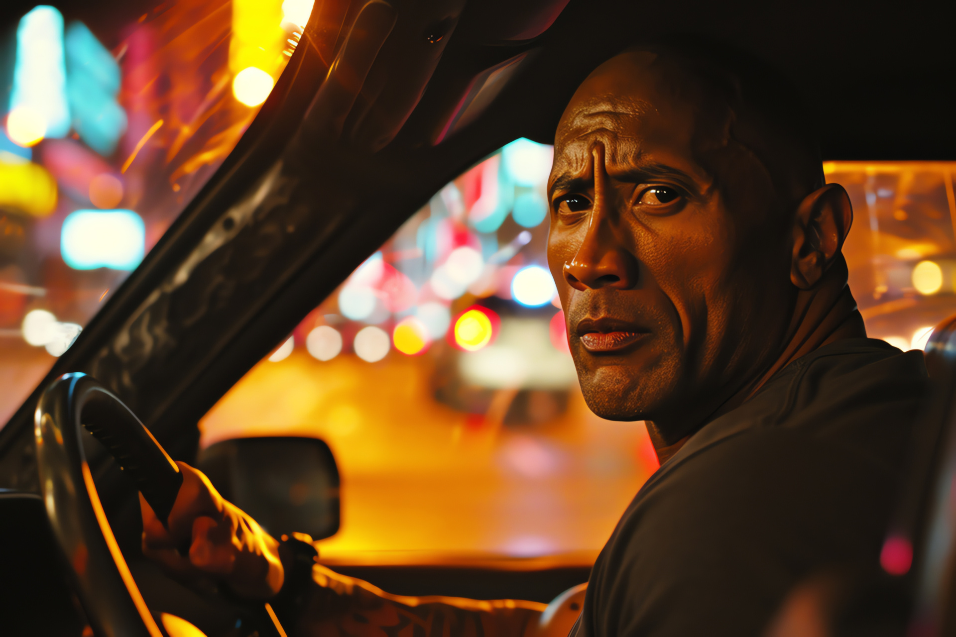 Actor Dwayne Johnson, Film character Luke Hobbs, Automobile pursuit scene, Cinematic adrenaline, Performance vehicle, HD Desktop Wallpaper