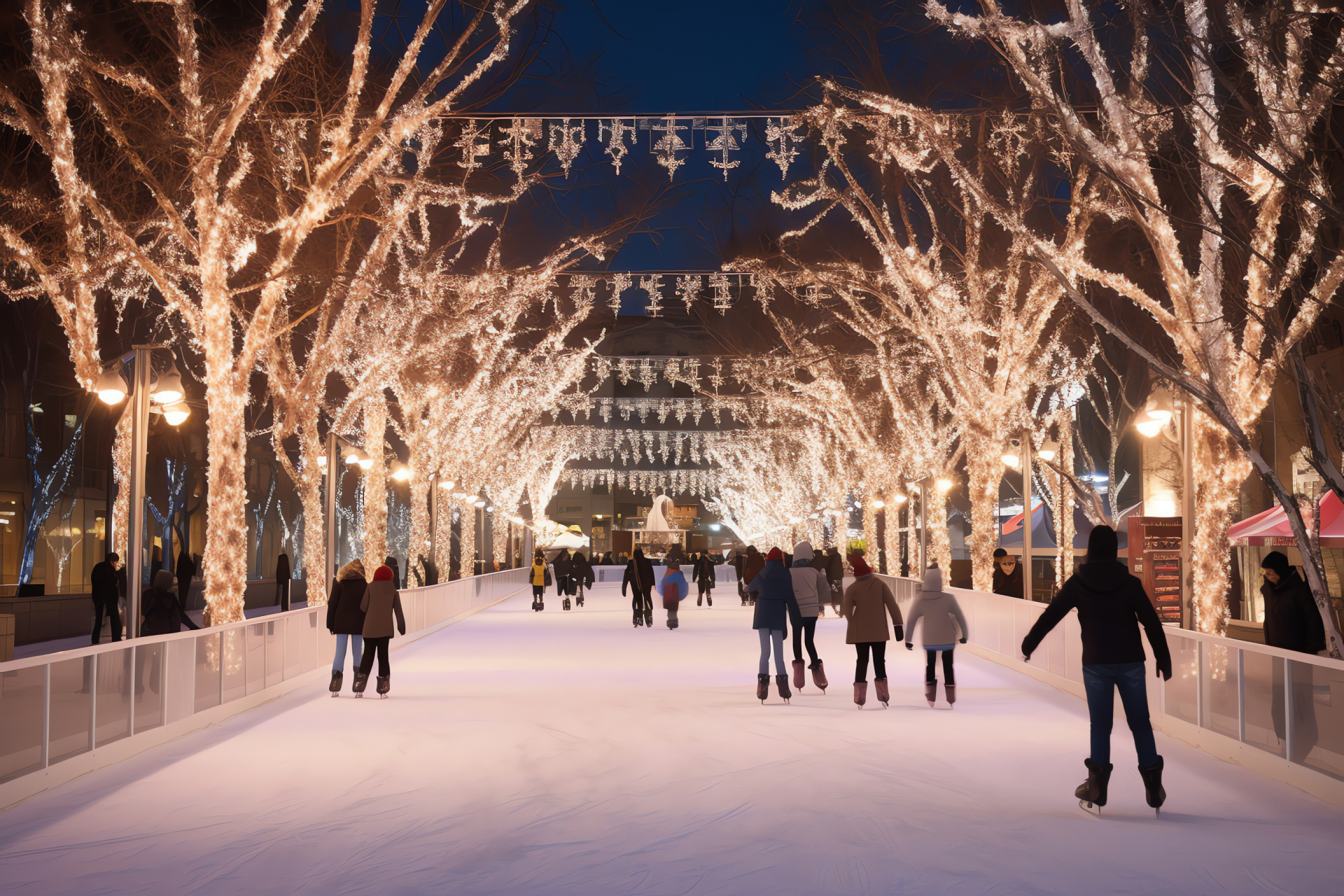 Skating activity, Pine trees with snow, Illuminated ambiance, Seasonal sculptures, Winter entertainment, HD Desktop Image