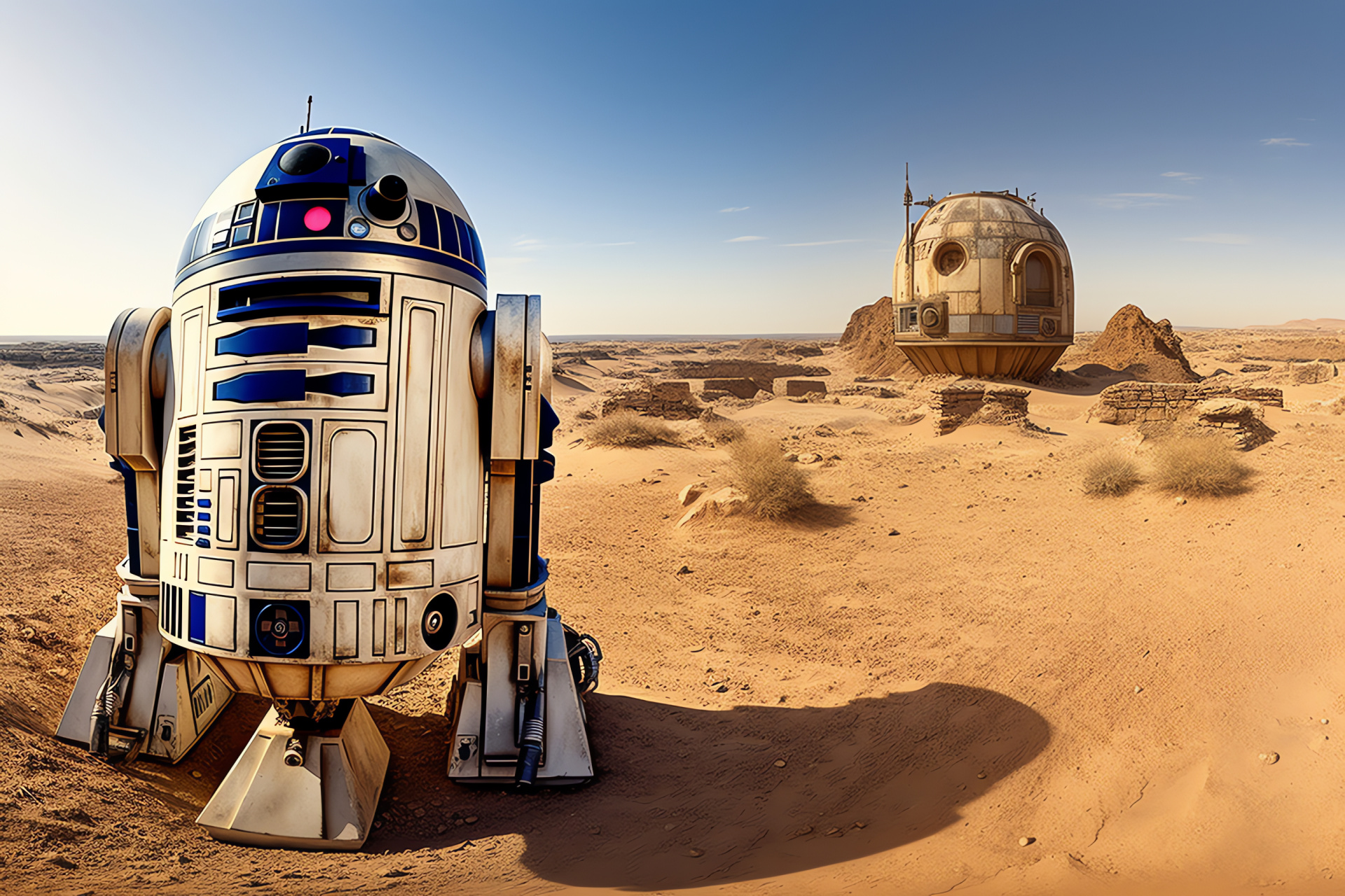 R2-D2 exploration, Barren world, Resistance journey, Scavenger ventures, Jakku dunes, HD Desktop Image