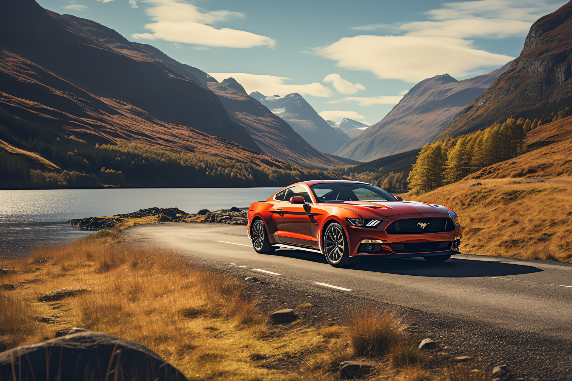 Mustang HD in Scottish Highlands, Scenic mountain roads, Rugged terrain adventure, Iconic Highlands scenery, Tranquil loch settings, HD Desktop Image