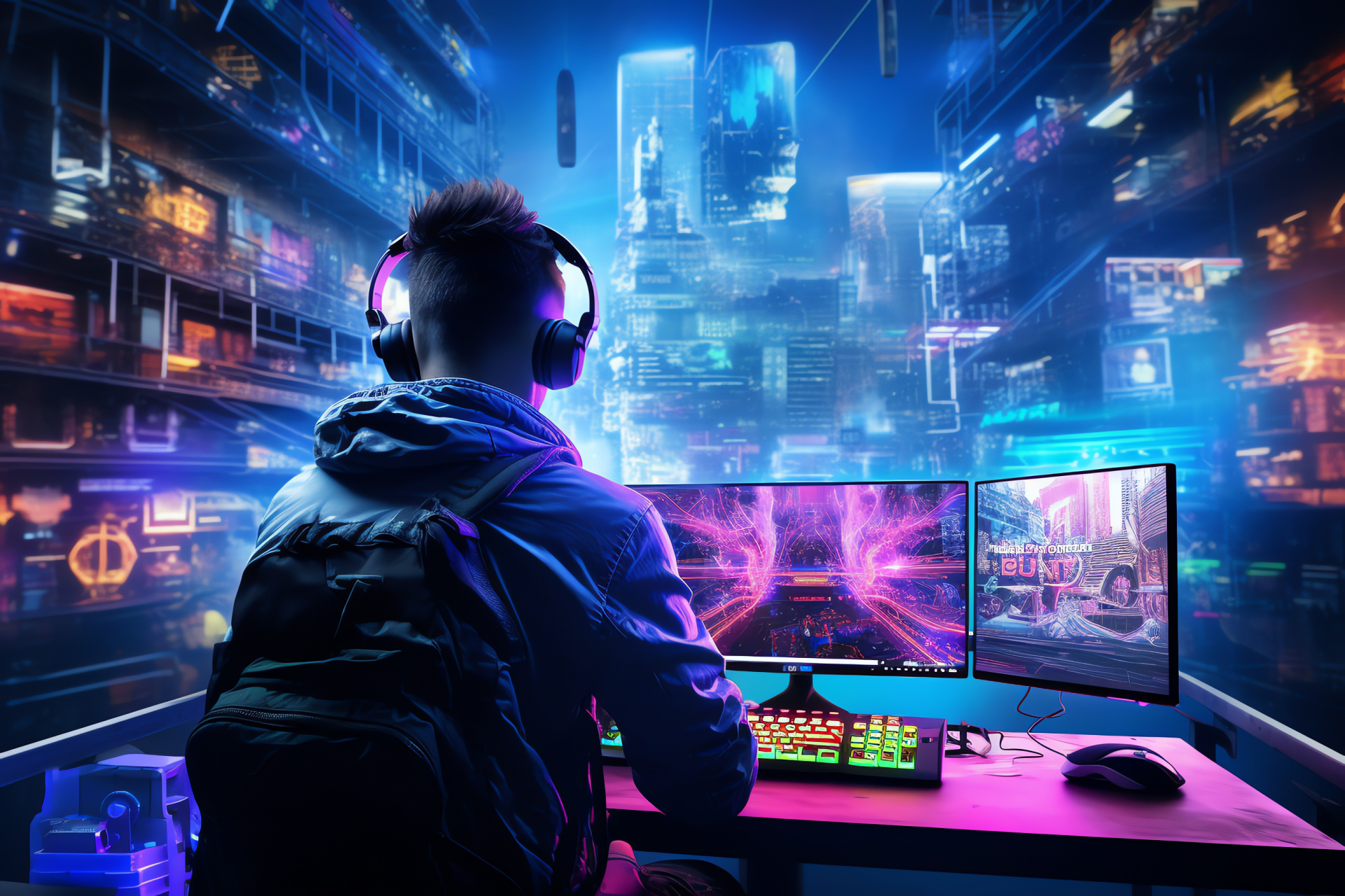 Tech-savvy game space, Metropolitan skyline illusion, Futuristic display technology, Luminous neon glow, Cyberpunk aesthetic, HD Desktop Wallpaper