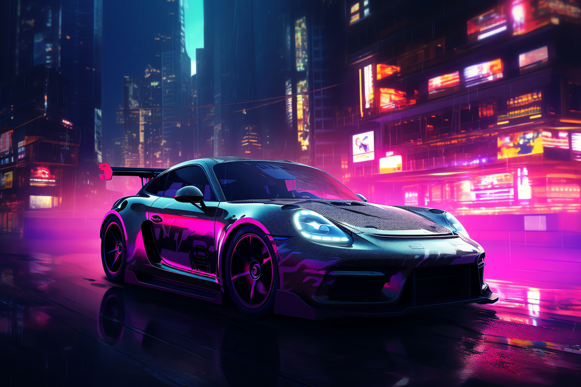 Porsche Cayman GT4 Clubsport, Dystopian metropolis, Cityscape from above, Monochromatic design, German engineering, HD Desktop Image