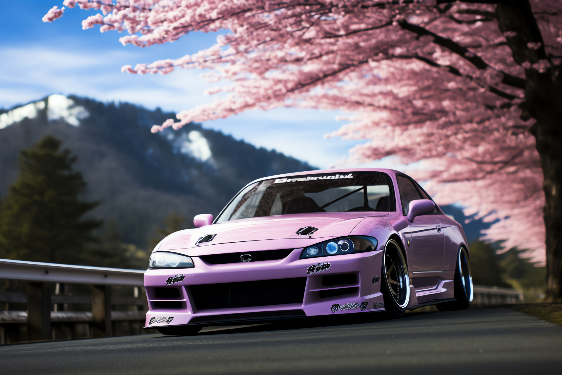 Nissan Silvia S15, Mount Fuji vista, Japanese touge driving, Intimate vehicle shot, Sakura tree surroundings, HD Desktop Image