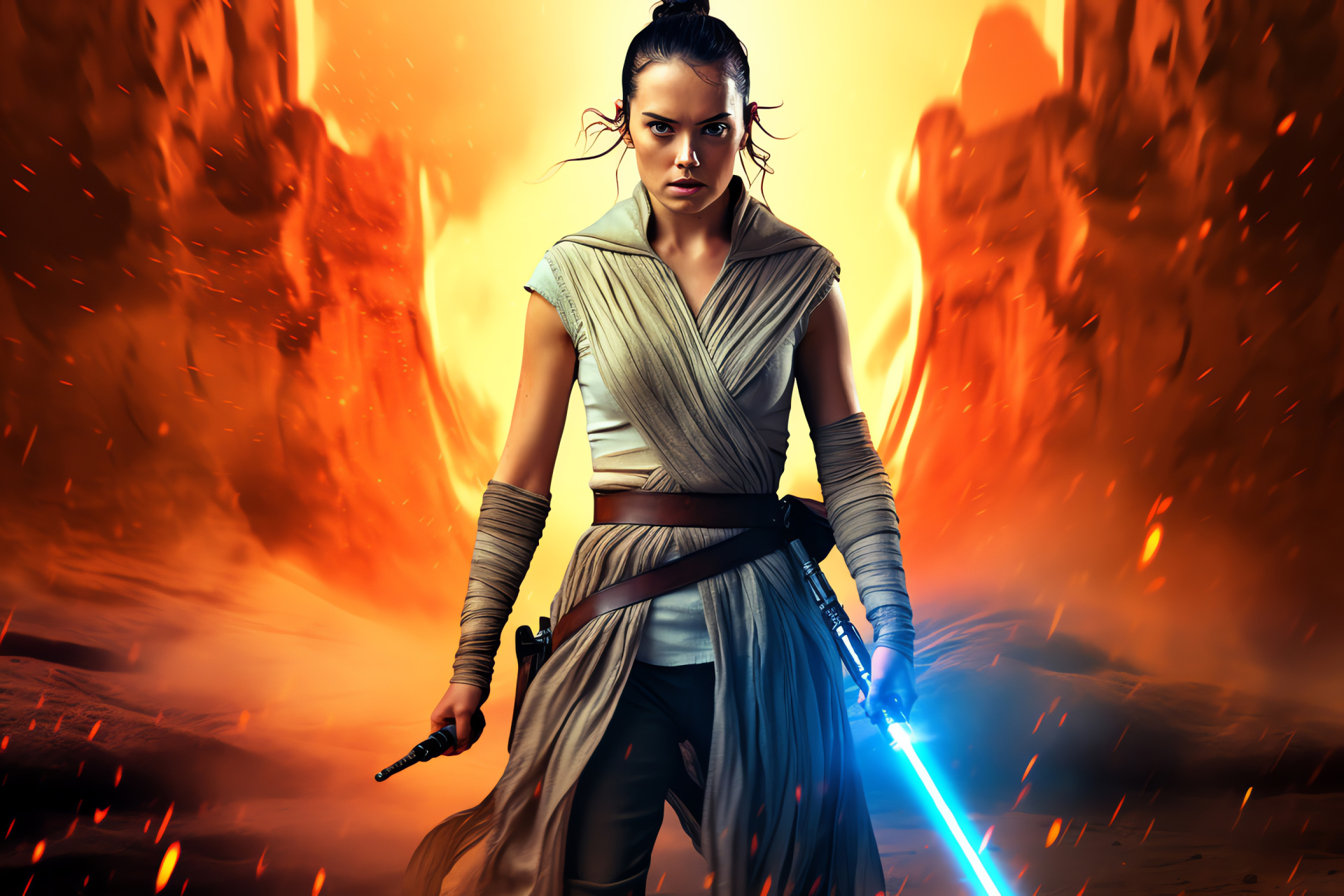 Courageous Rey in Star Wars, Fearless resilience, Galactic struggle, Sci-fi saga figure, Notable protagonist, HD Desktop Wallpaper