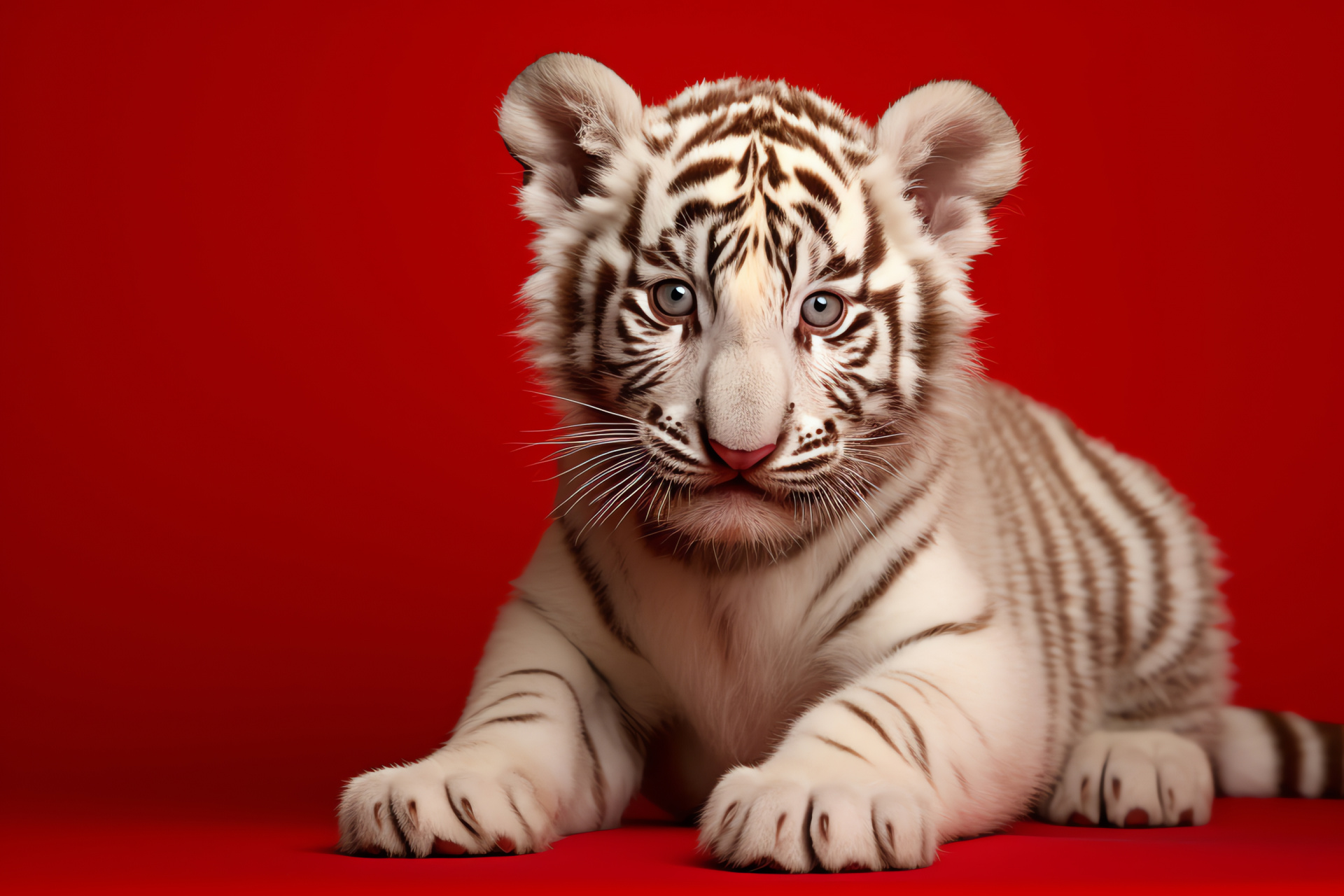 White Tiger Cub, Soft pose, Warmth ambiance, Intense scene, Red-toned background, HD Desktop Wallpaper