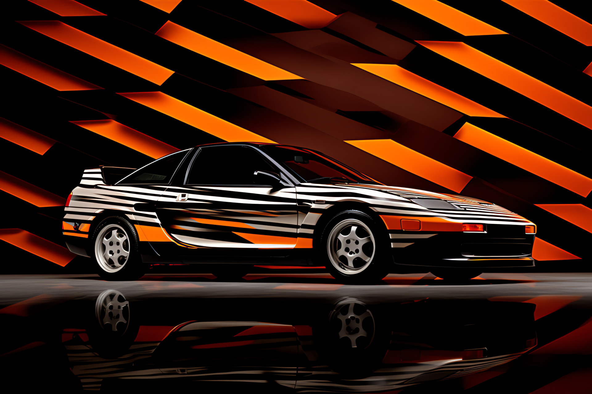 Veilside Toyota MR2, Side profile display, Dual tone finish, Geometrical pattern background, Tuning aesthetics, HD Desktop Wallpaper