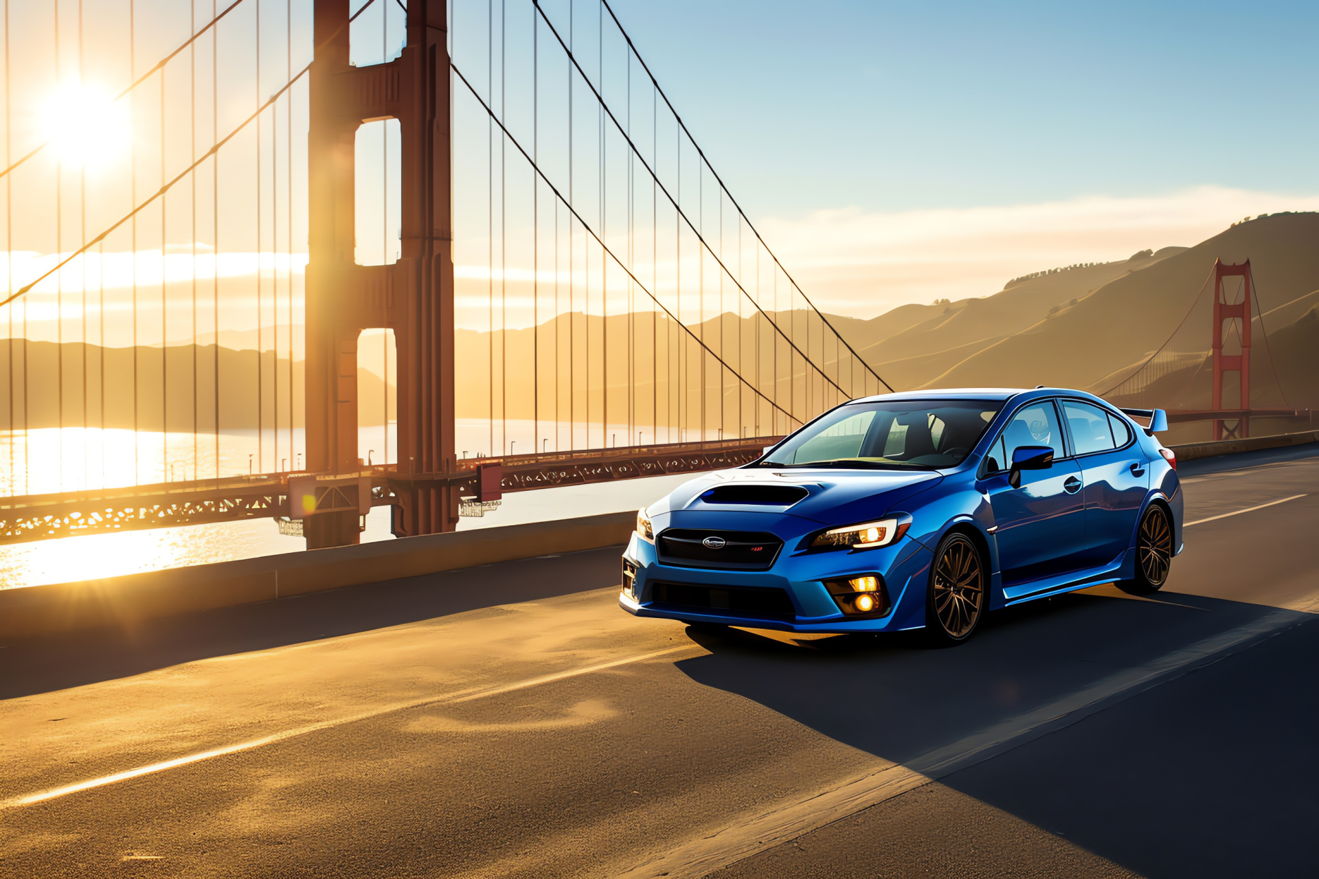 Subaru WRX vehicle, San Francisco cityscape, WRX sedan model, World Rally Blue finish, Golden Gate vista, HD Desktop Wallpaper