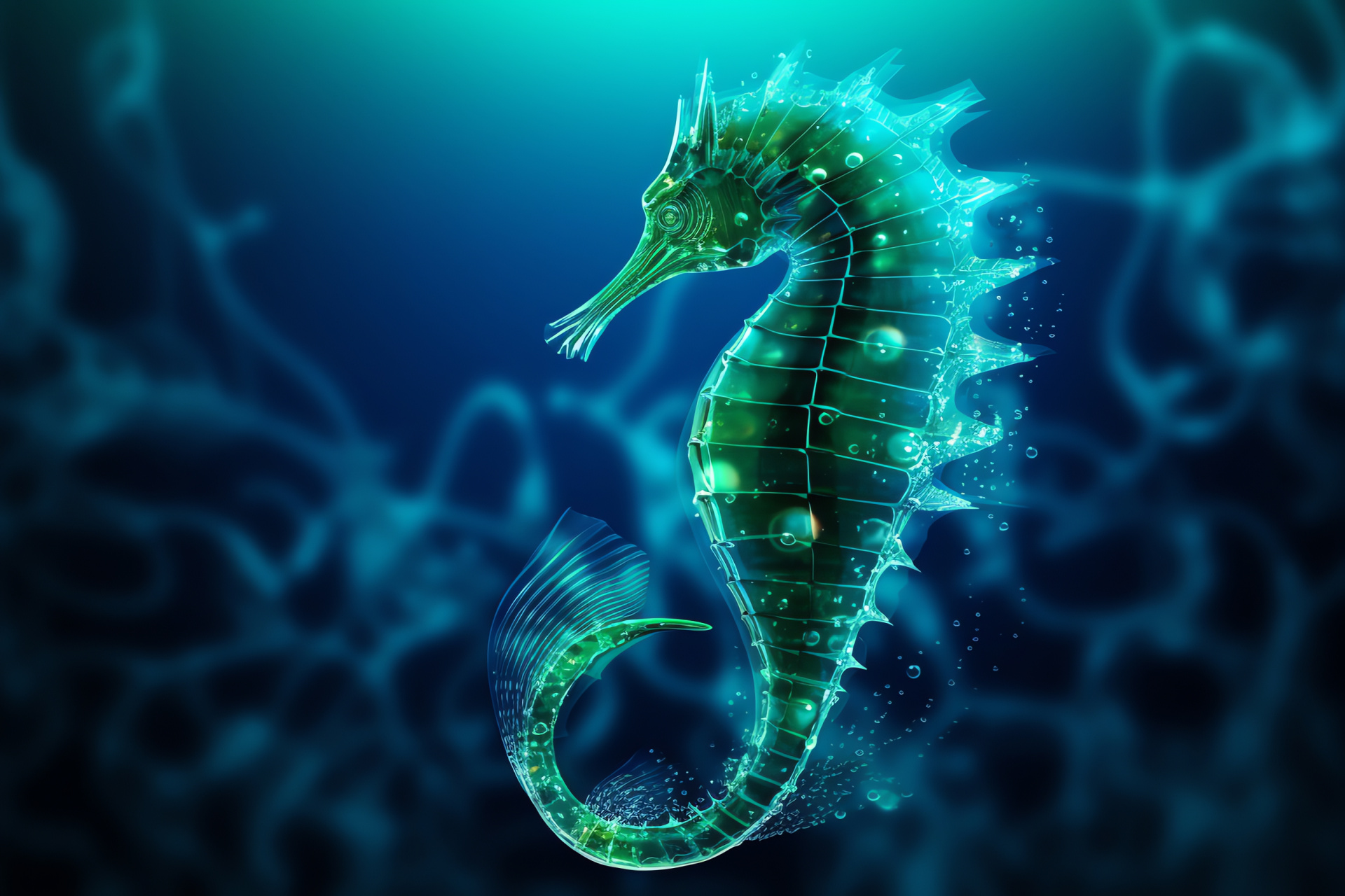 Seahorse Ocean Drifter, Marine turquoise body, Diagonal seahorse posture, Bioluminescent underwater world, Seahorse pattern beauty, HD Desktop Wallpaper