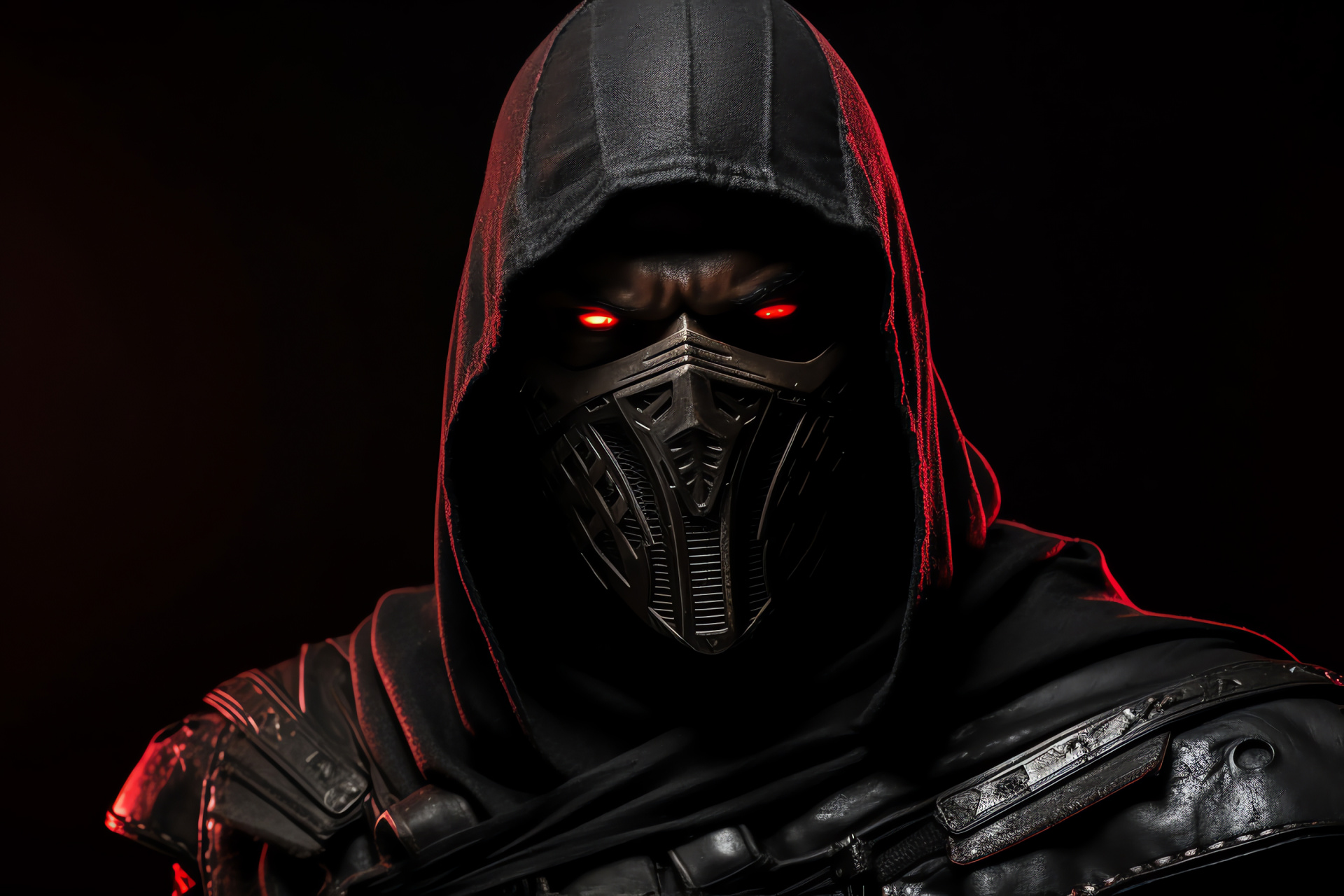 Sinister Noob Saibot, Intense stare, Fighter's clat, Mortal Kombat legend, Ominous backdrop, HD Desktop Wallpaper