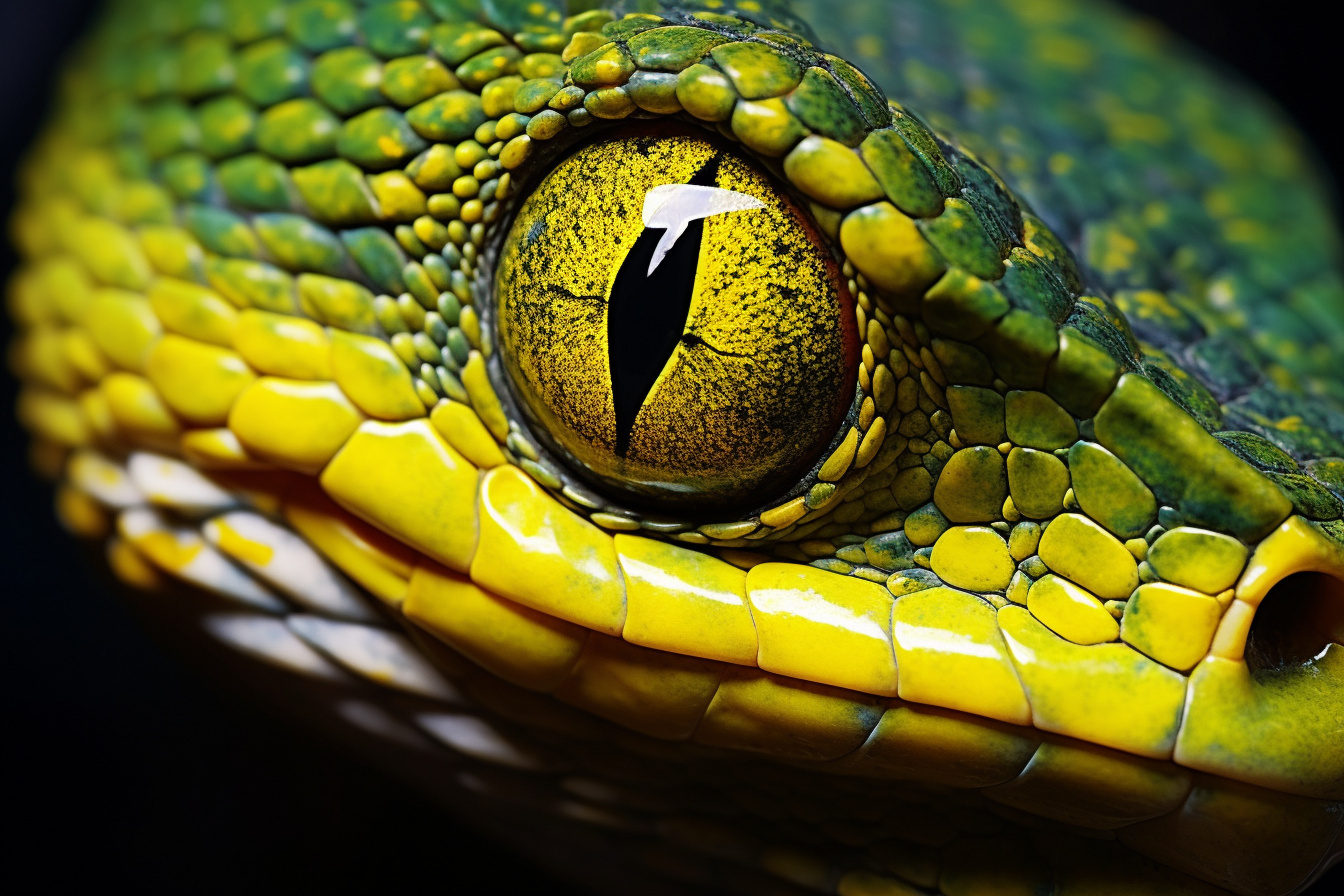 Snake Eye detail, Lustrous serpentine scales, Reptile eye close-up, Green and yellow scale pattern, Triple-toned backdrop, HD Desktop Wallpaper