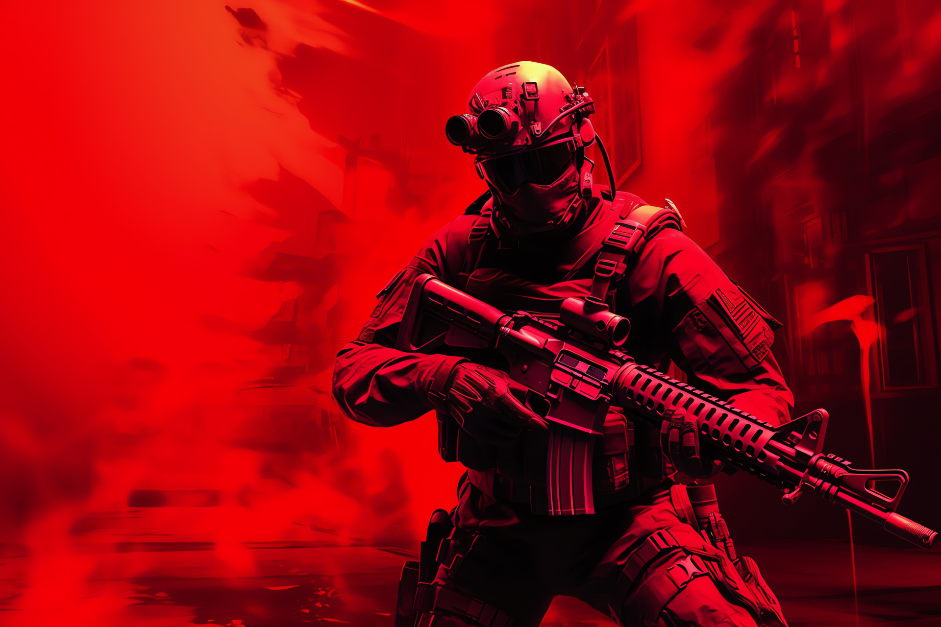 Modern Warfare character Ghost, intense soldier gaze, tactical communication, close-quarters weapon, strategic adversary, HD Desktop Wallpaper