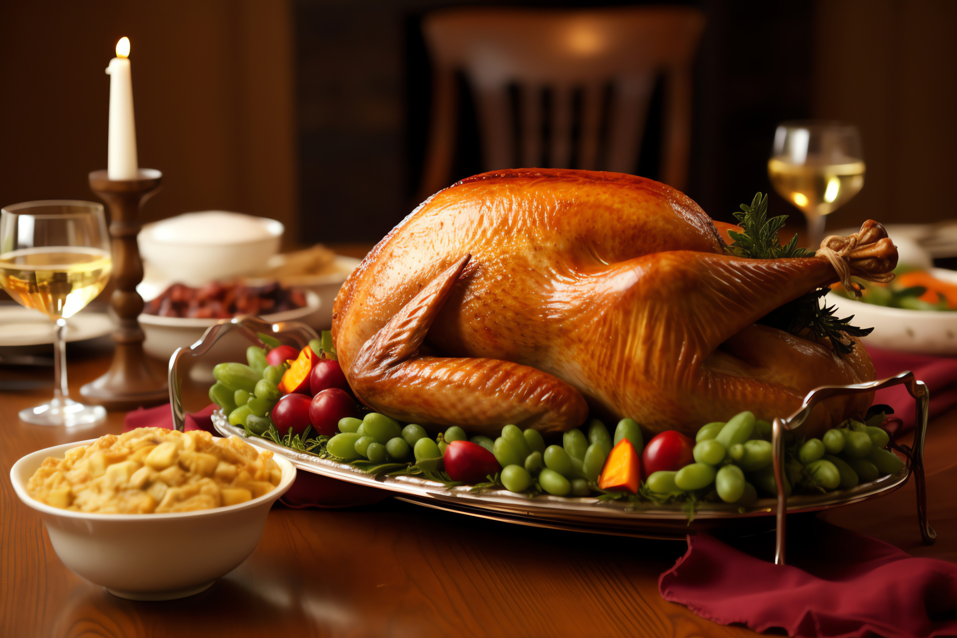 Traditional feast centerpiece, Savory Thanksgiving meal, Hearty holiday dishes, Autumn harvest table, Family dinner tradition, HD Desktop Image