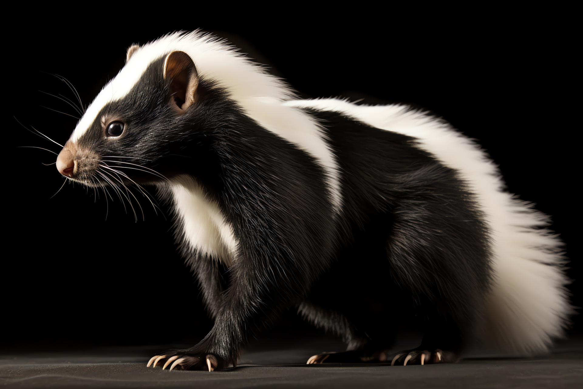 Skunk animal side profile, Black and white mammal, Nocturnal woodland creature, Forest dweller features, White-stripe detail, HD Desktop Wallpaper