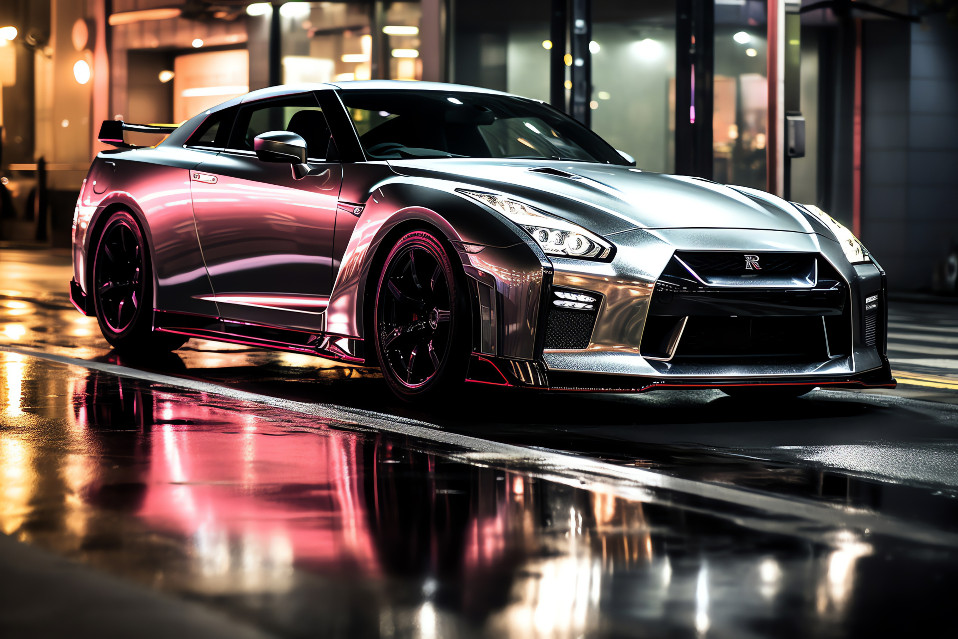 Nissan GTR HD in Tokyo, Night city glow, Metallic urban reflections, Ground-level street snapshots, Asian automotive scene, HD Desktop Wallpaper