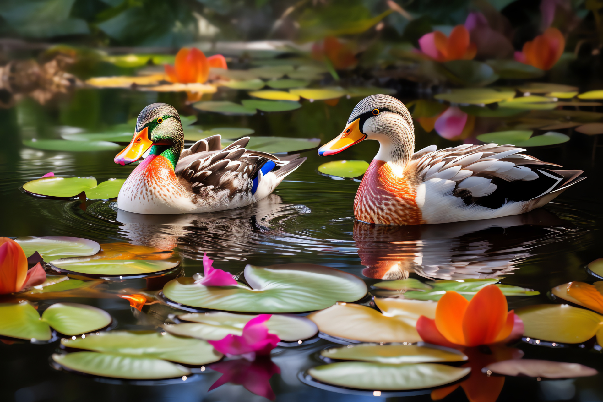 Ducks, Waterfowl species, Duck plumage, Pond habitat, Floating lily plants, HD Desktop Wallpaper