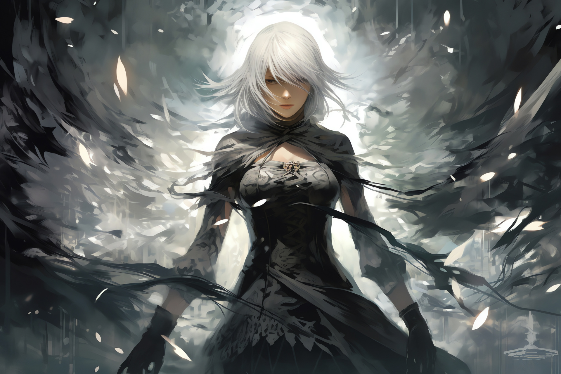 Nier Replicant scene, Chaotic warfare, Grimoire Noir relic, Mystical levitation, Energetic glow, HD Desktop Image