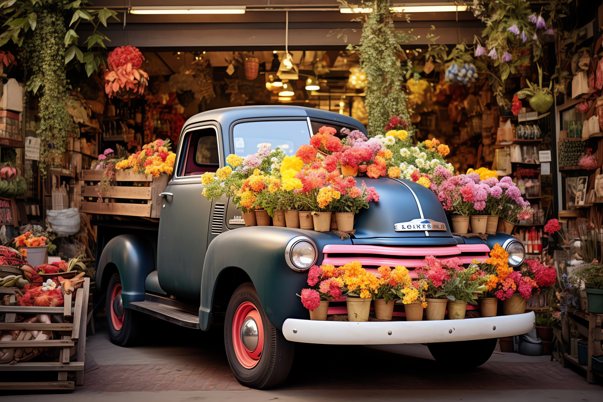 Retro Chevy truck, Mobile floristry, Urban marketplace, Floral variety, Community event, HD Desktop Image