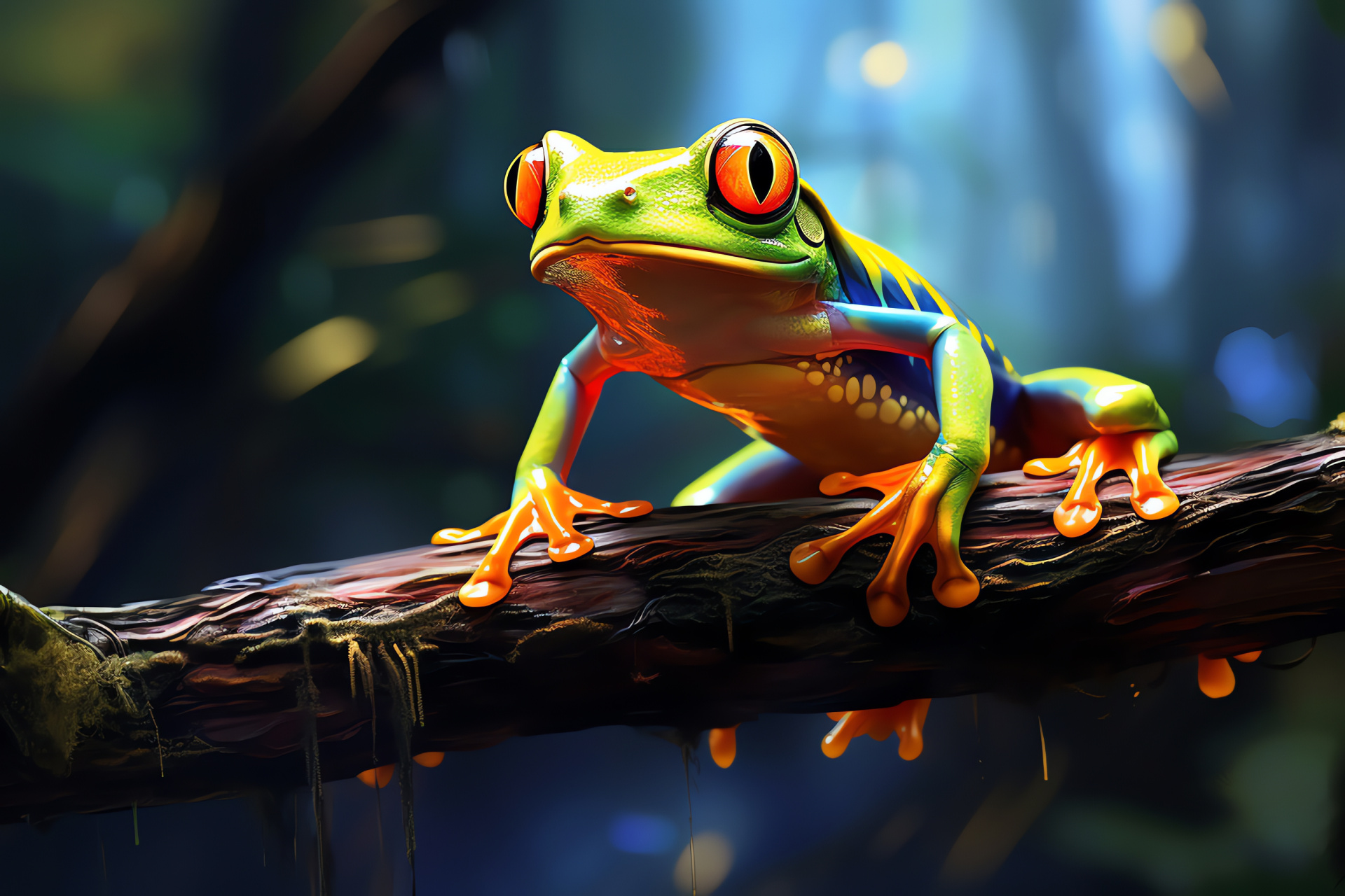 Tree Frog habitat, vivid green contrast, orange-eyed, forest attachment, vibrant undergrowth, HD Desktop Image