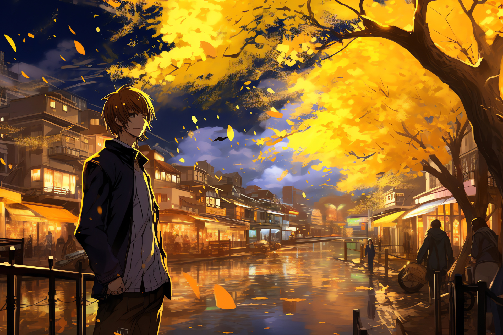 Japanese setting, Local commerce zone, Town of Inaba, Blossoming flora, Narrative environment, HD Desktop Image