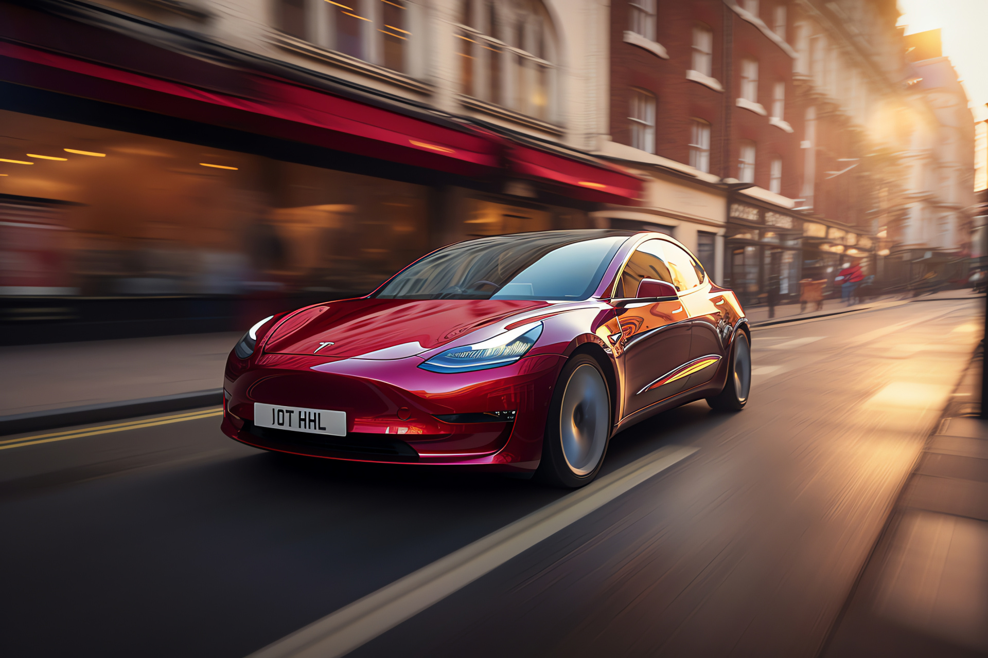 Tesla Model 3, Electric vehicle, Dynamic London streets, Automotive technology, Energy-efficient transport, HD Desktop Wallpaper