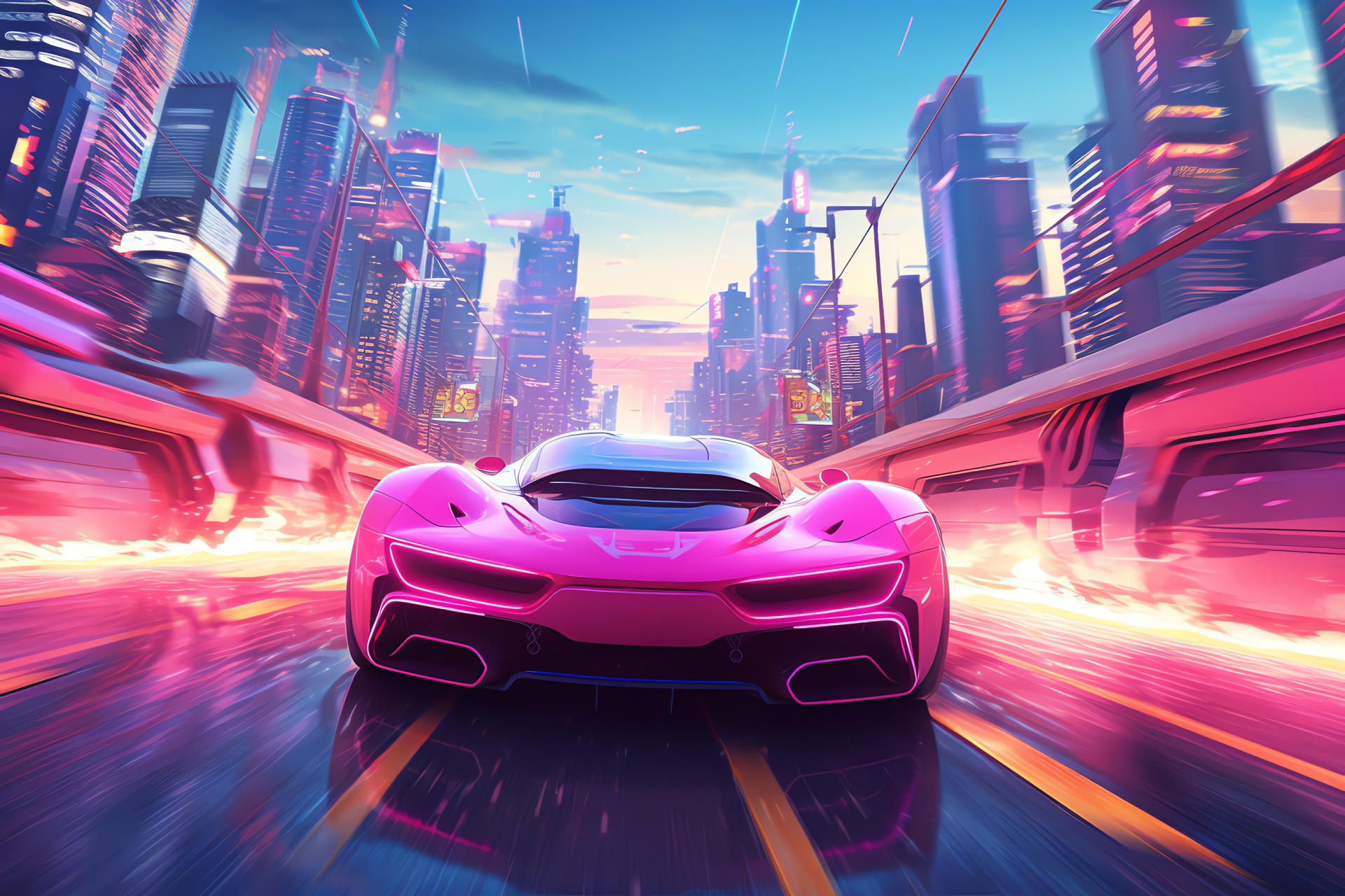 Pink Cars futuristic, Urban skyline, Aerial transport concept, City illumination, Pigment intensity, HD Desktop Wallpaper