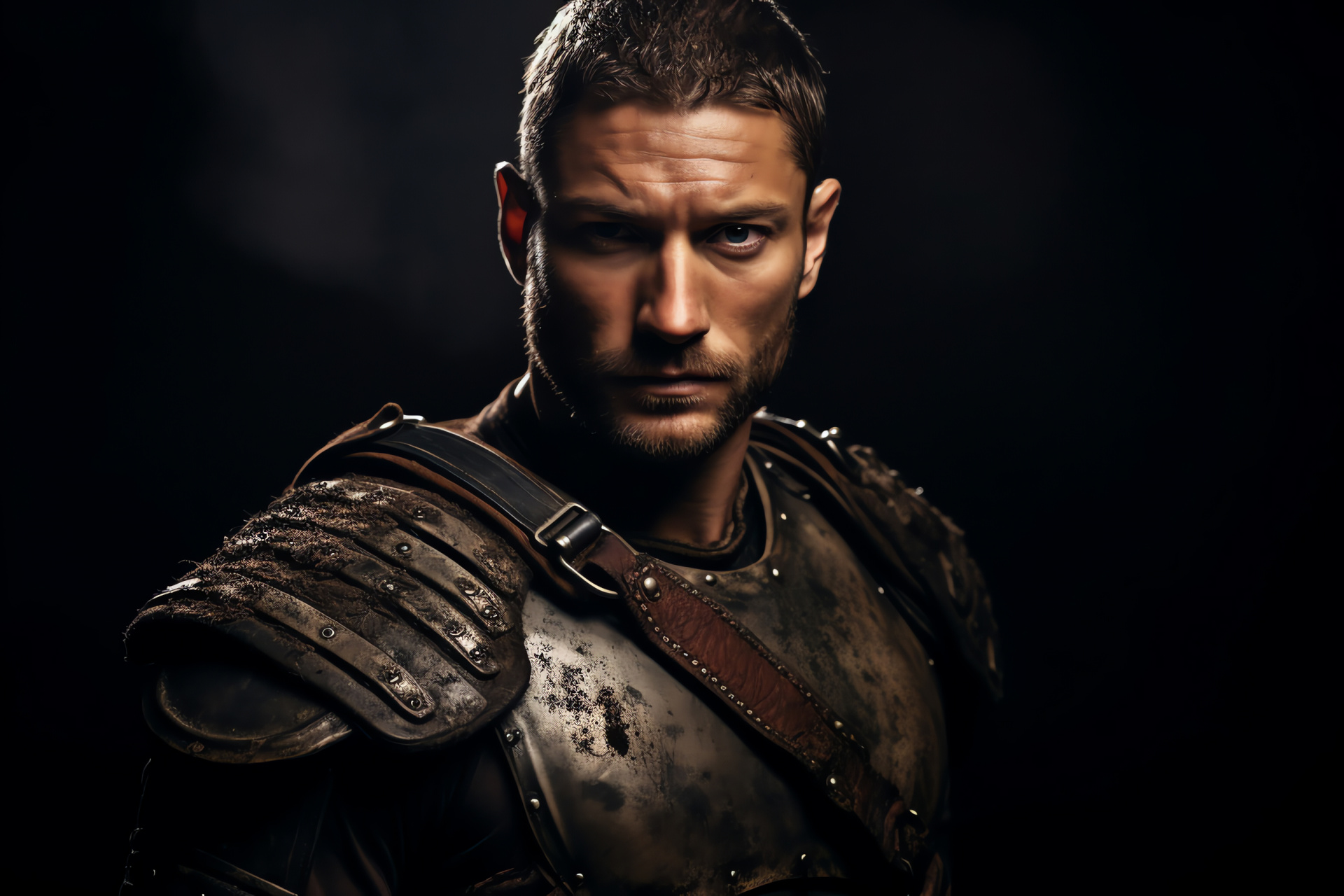 Andy Whitfield as Spartacus, Gladiator close-up, Dramatic contrast, Warrior portrayal, Historical series, HD Desktop Wallpaper