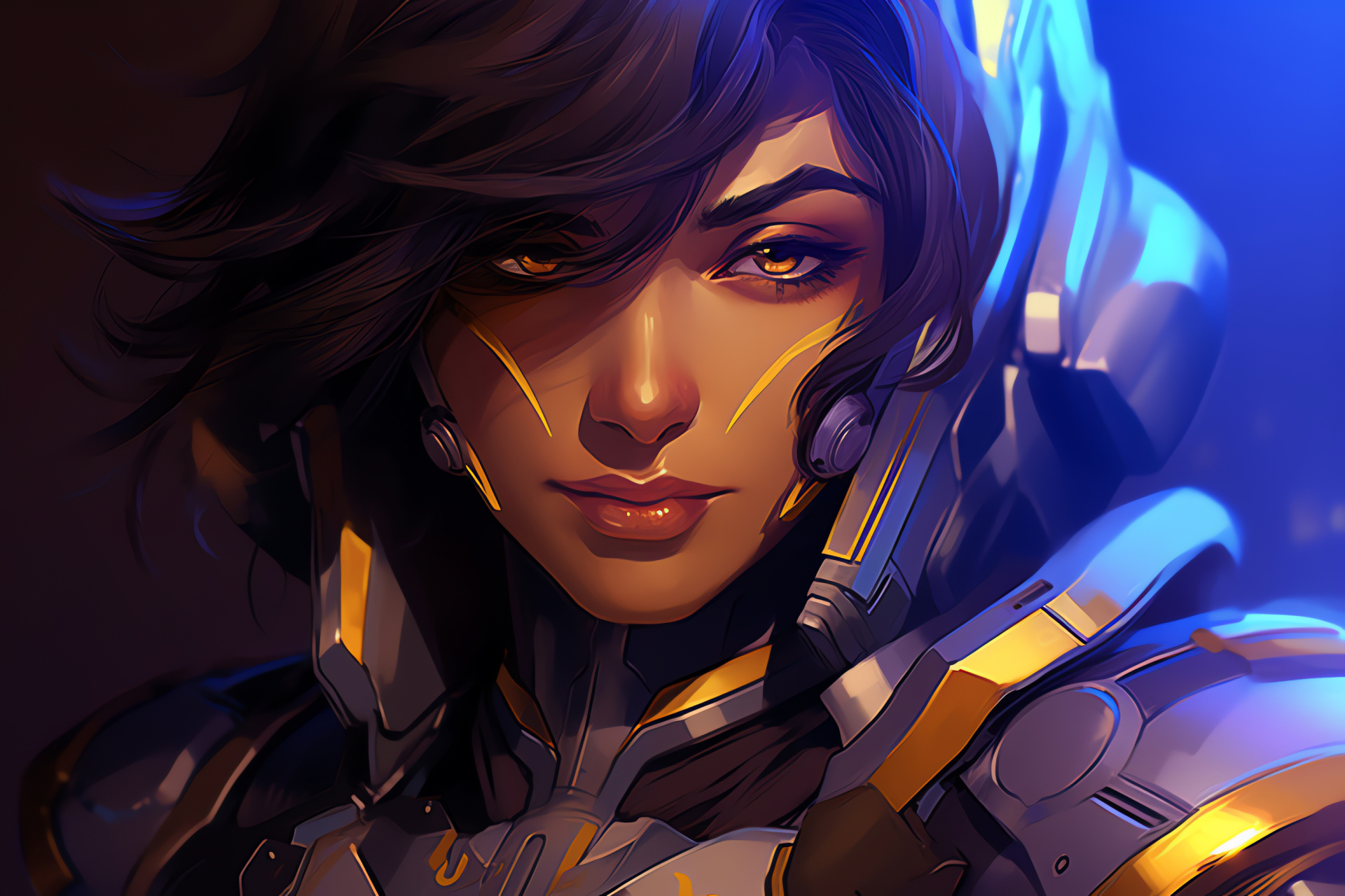 Pharah, Overwatch icon, Lavender eyes, Rocket armament, Mesmerizing tri-tone, HD Desktop Wallpaper